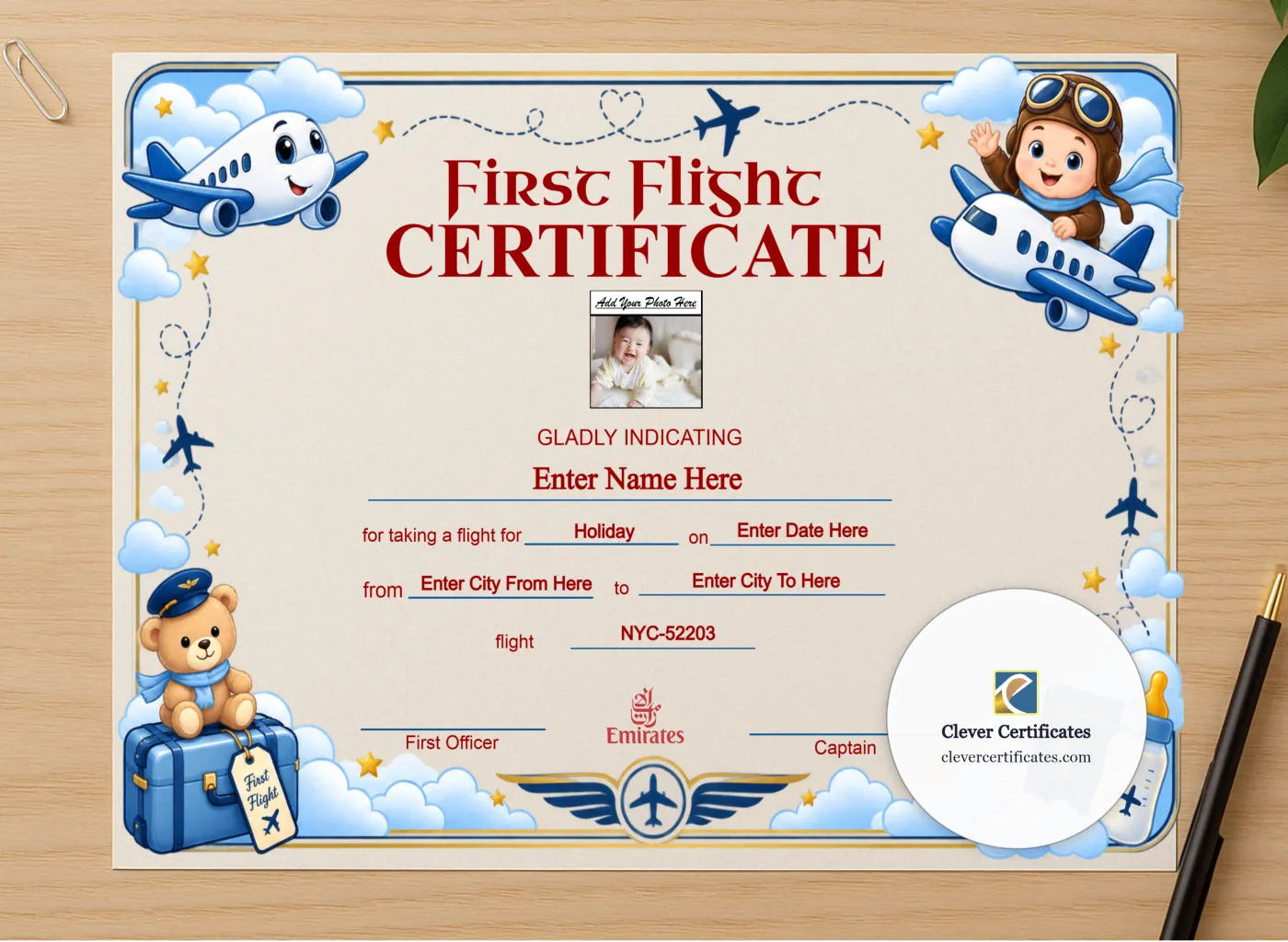 Professional preview of Emirates First Flight Templates Landscape certificate on high-quality stationery paper, ideal for showcasing the final look.