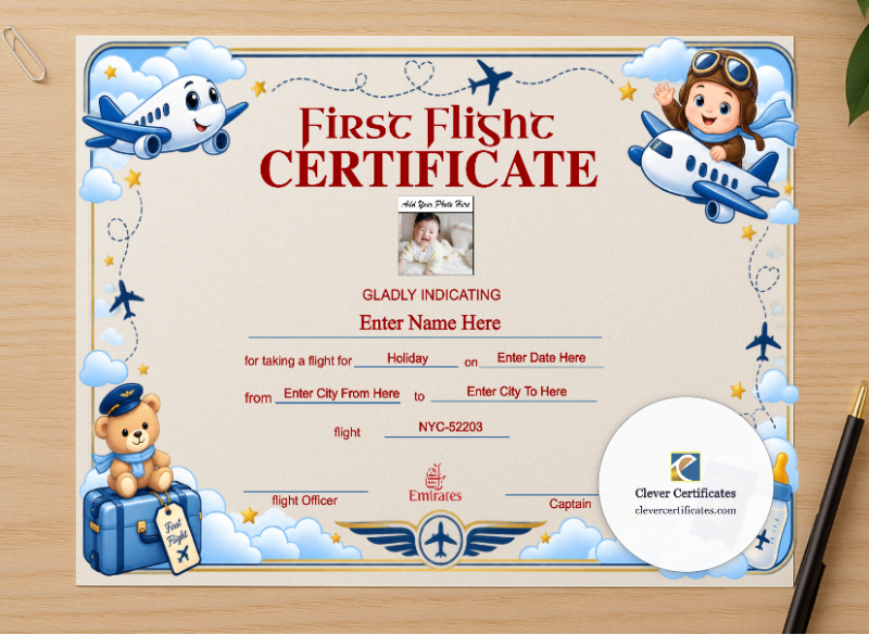 Professional preview of Emirates First Flight Templates Landscape certificate on high-quality stationery paper, ideal for showcasing the final look.