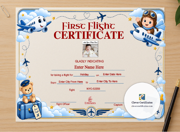 Professional preview of Emirates First Flight Templates Landscape certificate on high-quality stationery paper, ideal for showcasing the final look.