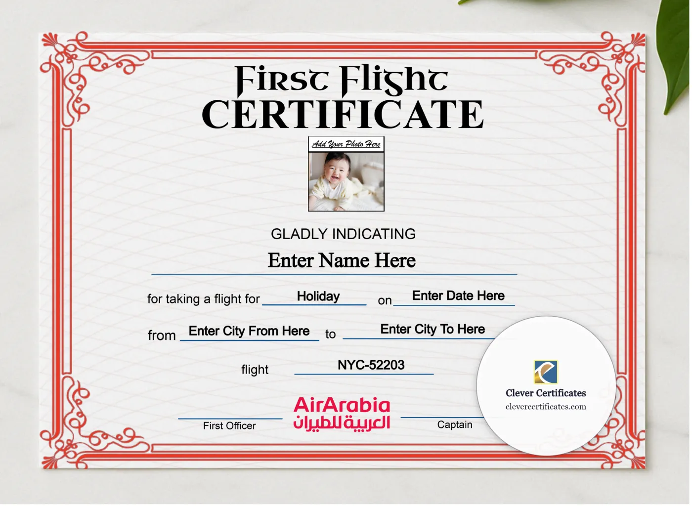 Air Arabia First Flight Landscape presented in a sleek wooden frame, elegantly arranged on a stylish table.