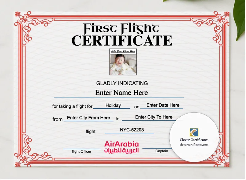 Air Arabia First Flight Landscape presented in a sleek wooden frame, elegantly arranged on a stylish table.