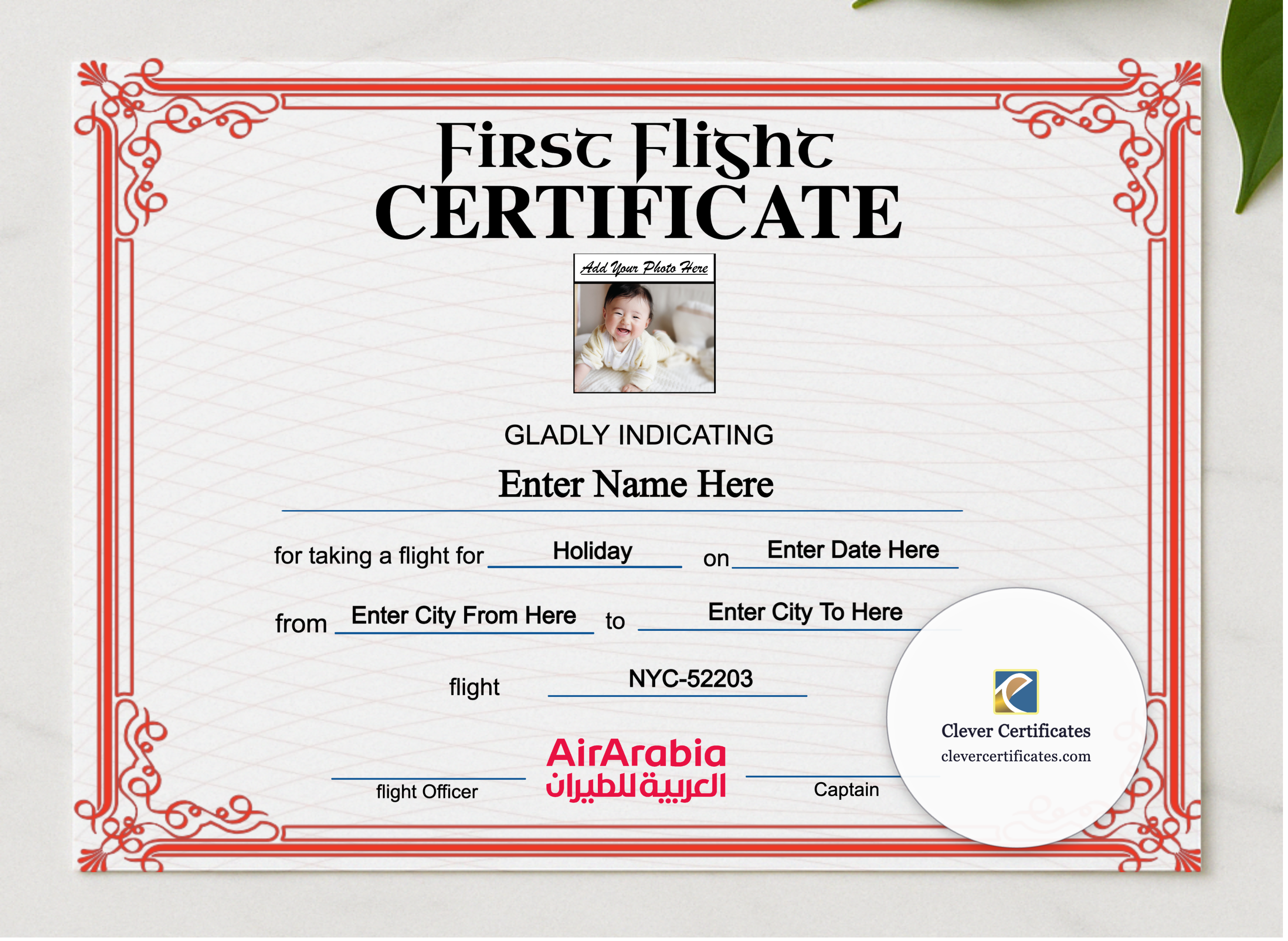 Air Arabia First Flight Landscape presented in a sleek wooden frame, elegantly arranged on a stylish table.