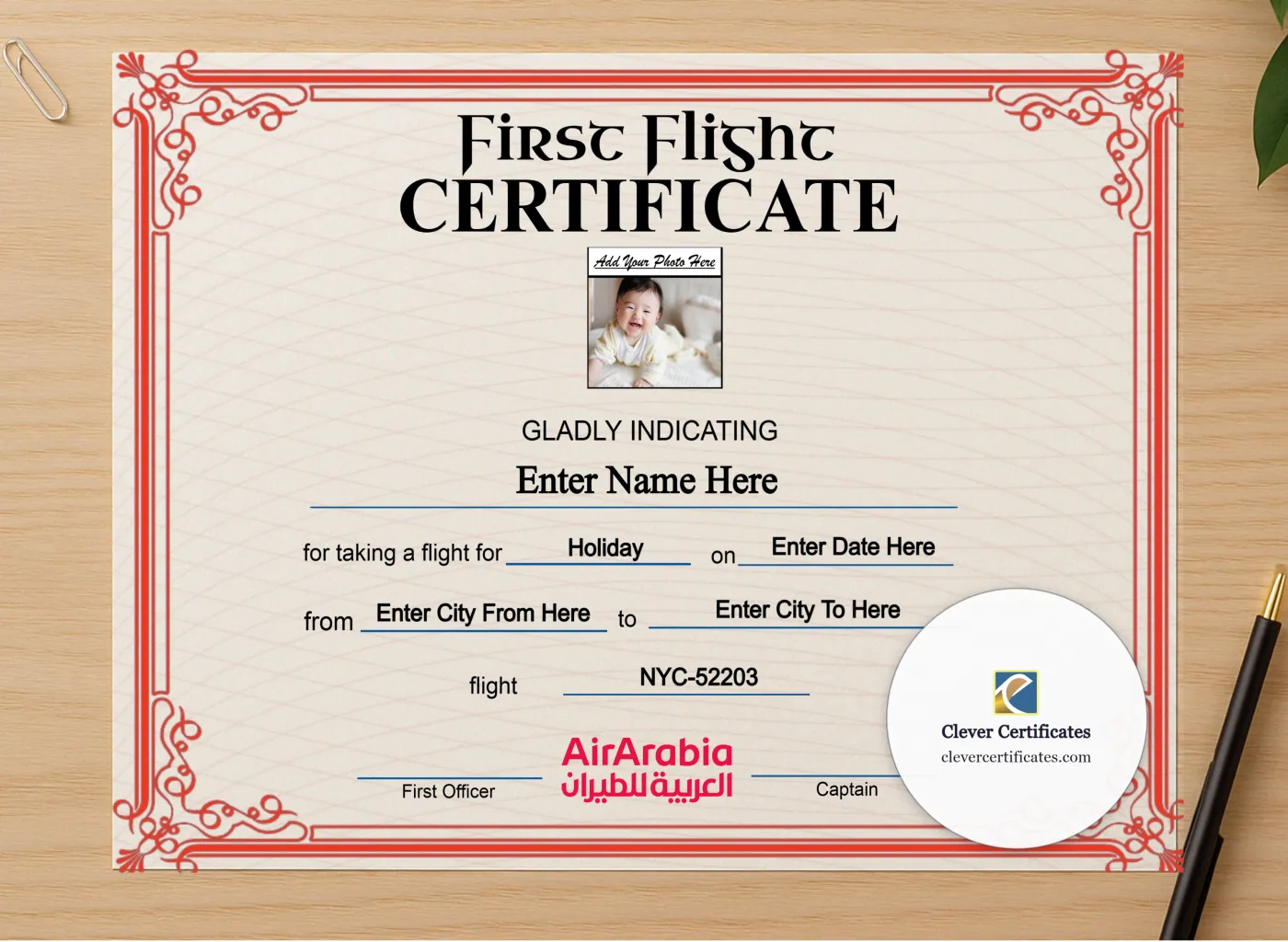 Professional preview of Air Arabia First Flight Landscape certificate on high-quality stationery paper, ideal for showcasing the final look.
