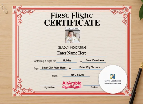 Professional preview of Air Arabia First Flight Landscape certificate on high-quality stationery paper, ideal for showcasing the final look.