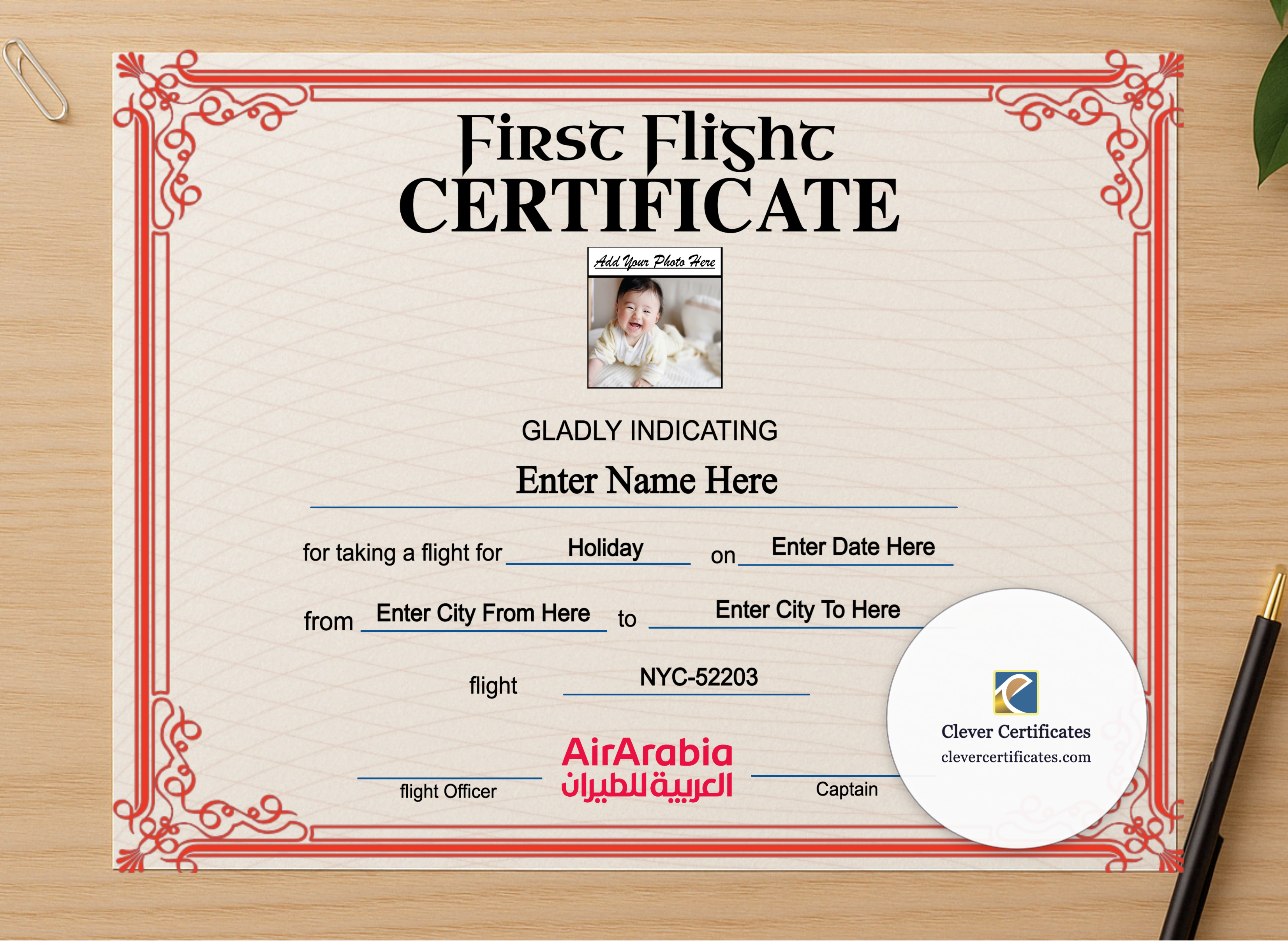 Professional preview of Air Arabia First Flight Landscape certificate on high-quality stationery paper, ideal for showcasing the final look.