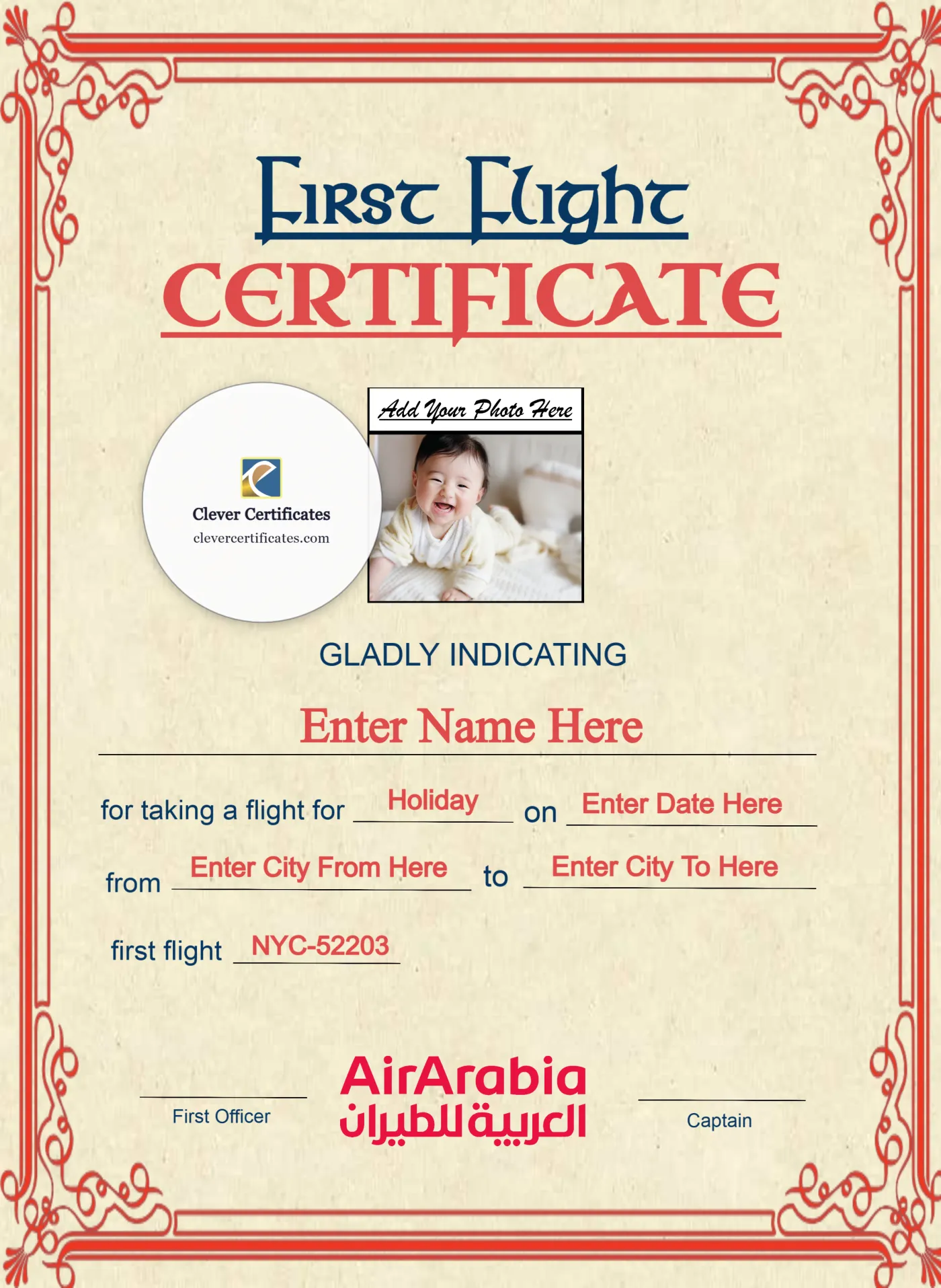 Air Arabia First Flight Portrait — Certificate Template Preview