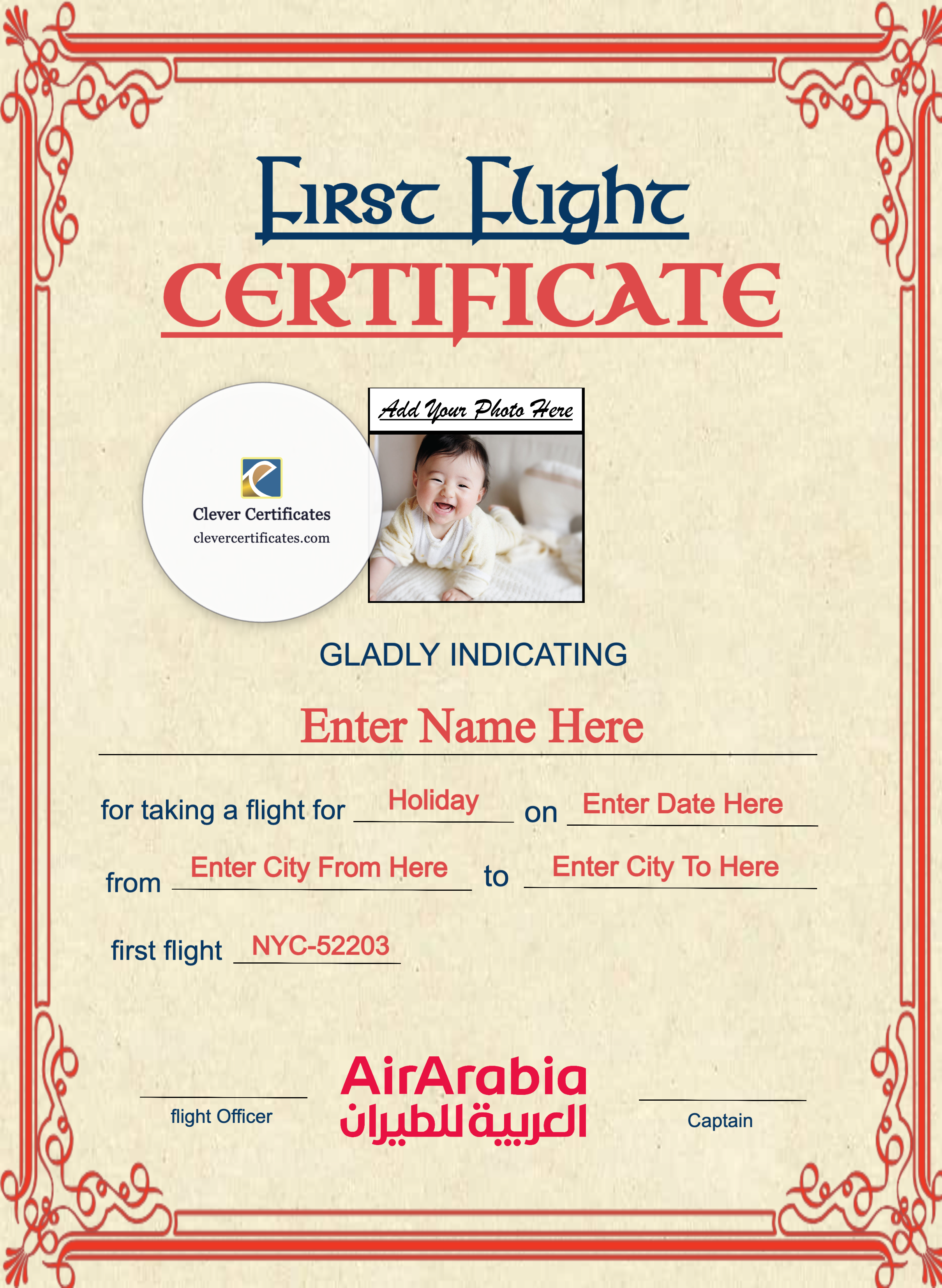 Air Arabia First Flight Portrait — Certificate Template Preview