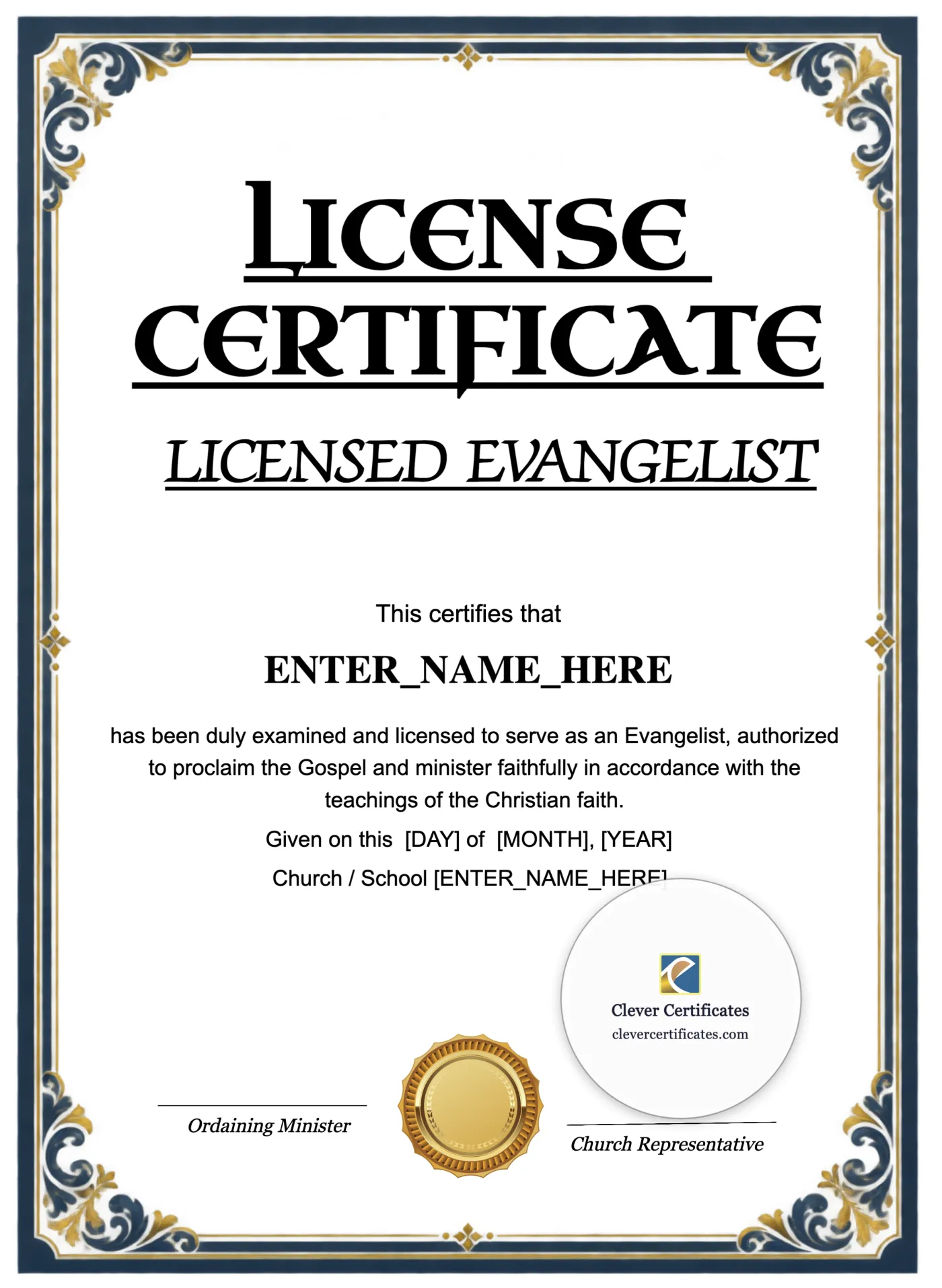 Licensed Evangelist Certificate Portrait — Certificate Template Preview