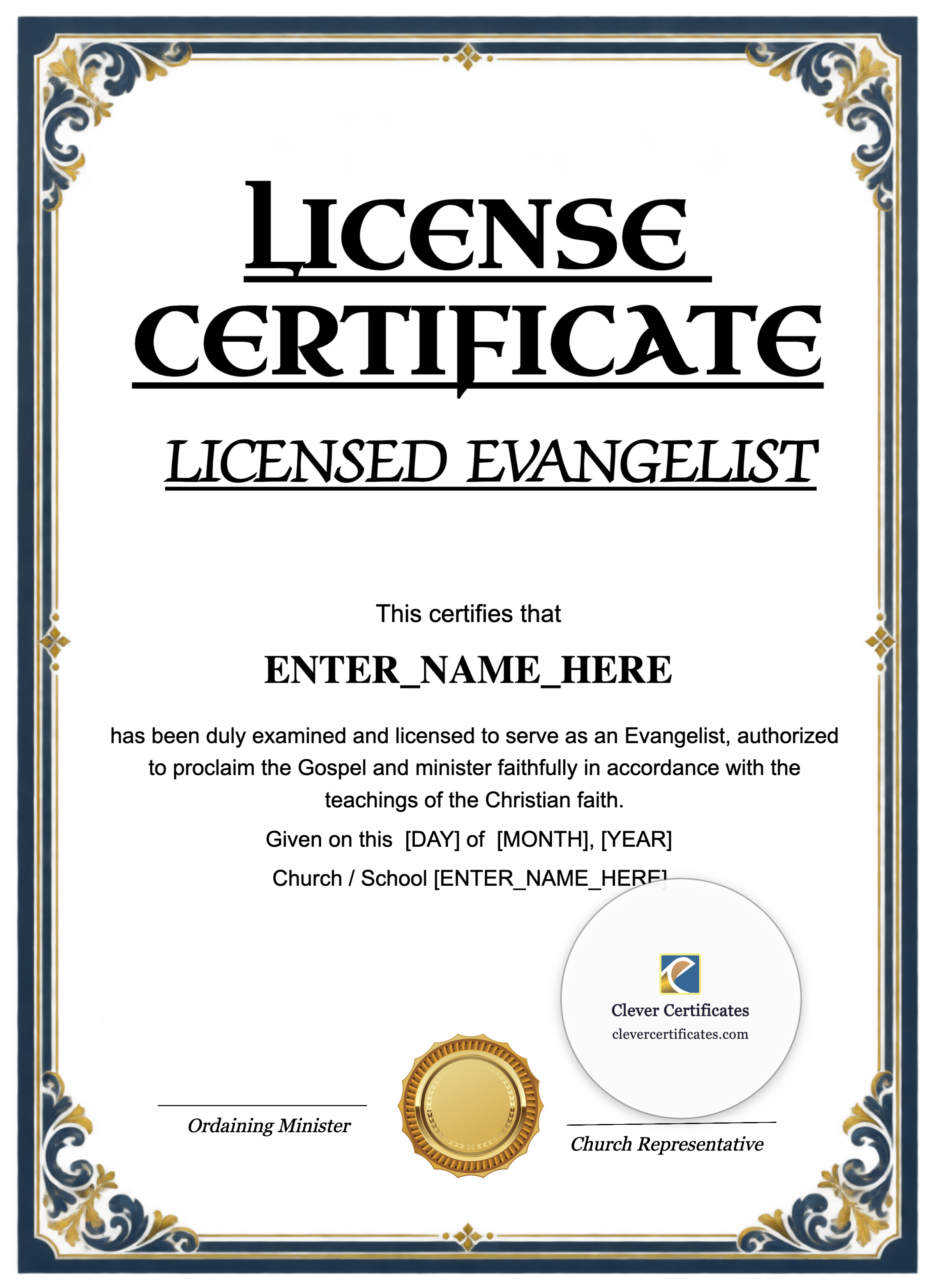 Licensed Evangelist Certificate Portrait — Certificate Template Preview