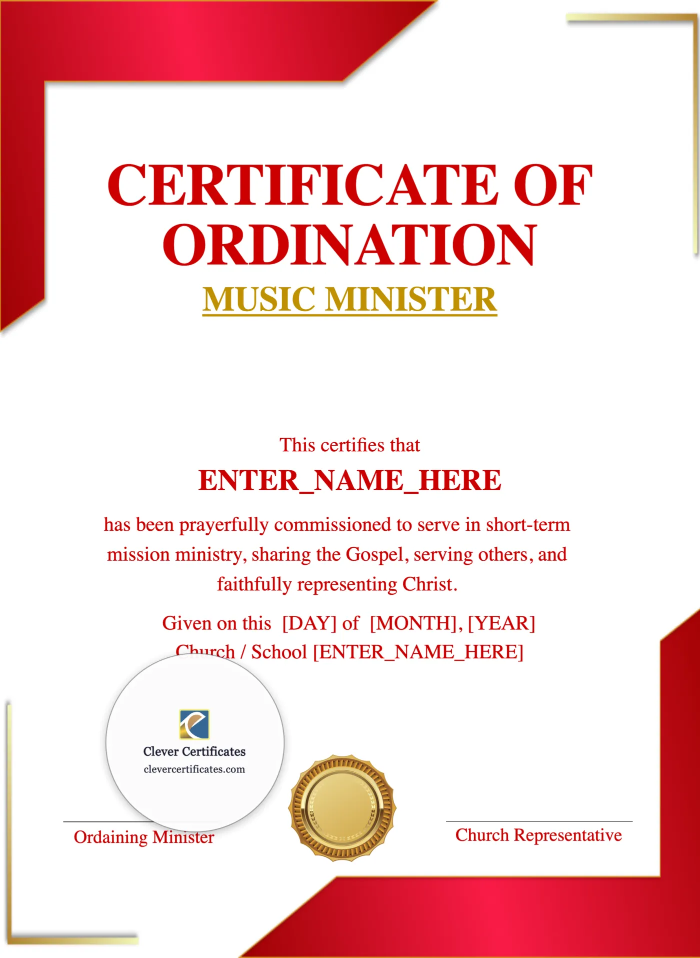 Music Minister Ordination Certificate Portrait — Certificate Template Preview