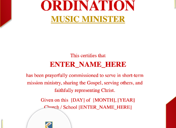 Music Minister Ordination Certificate