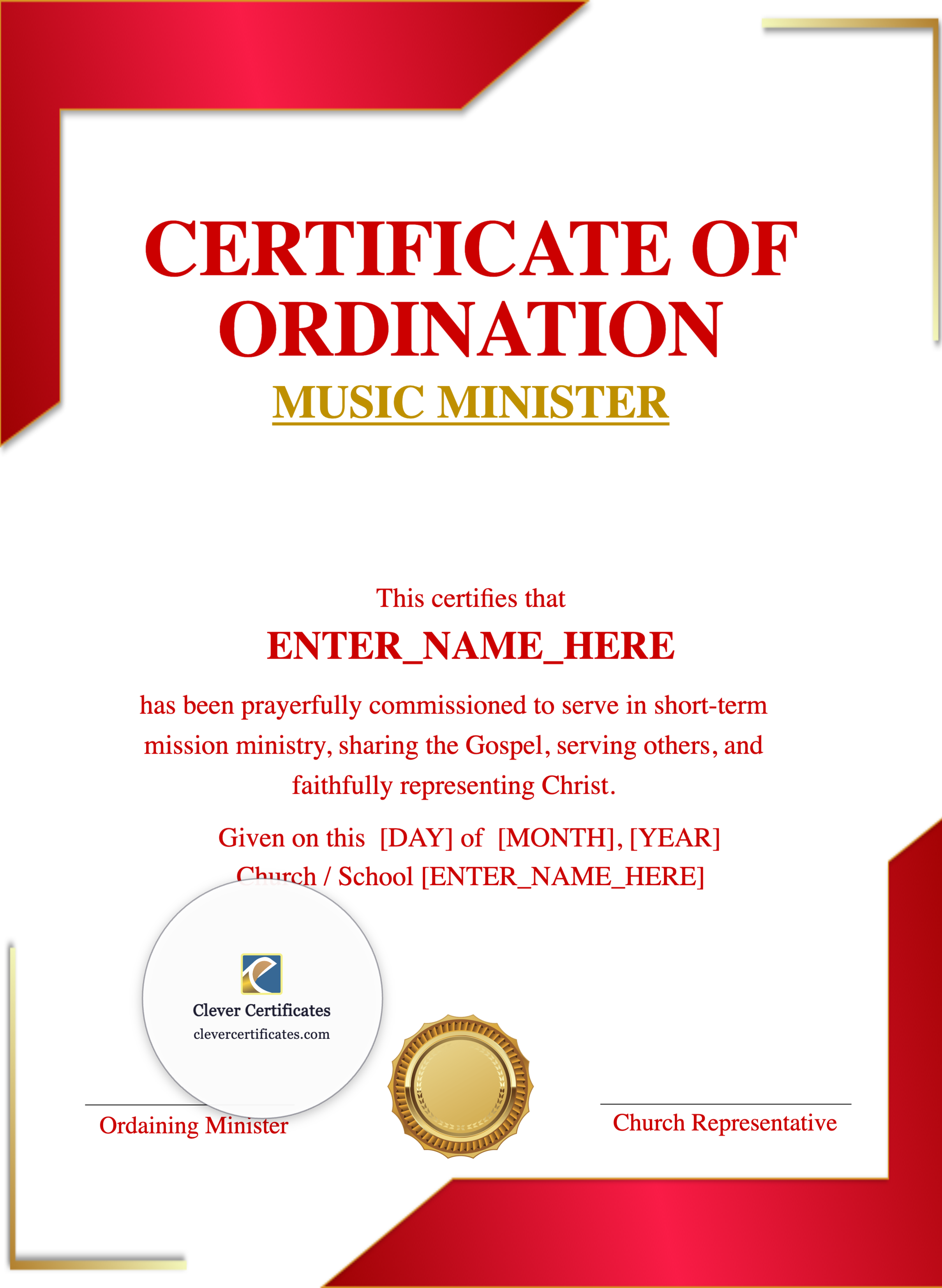 Music Minister Ordination Certificate Portrait — Certificate Template Preview
