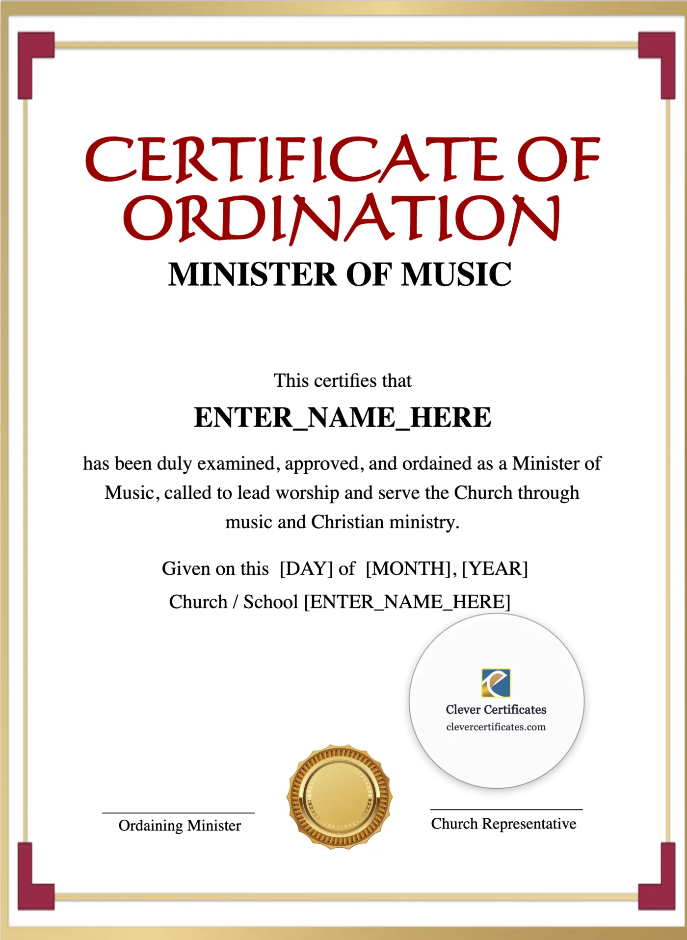 Minister Of Music Ordination Certificate Portrait — Certificate Template Preview
