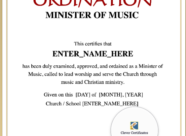 Minister of Music Ordination Certificate