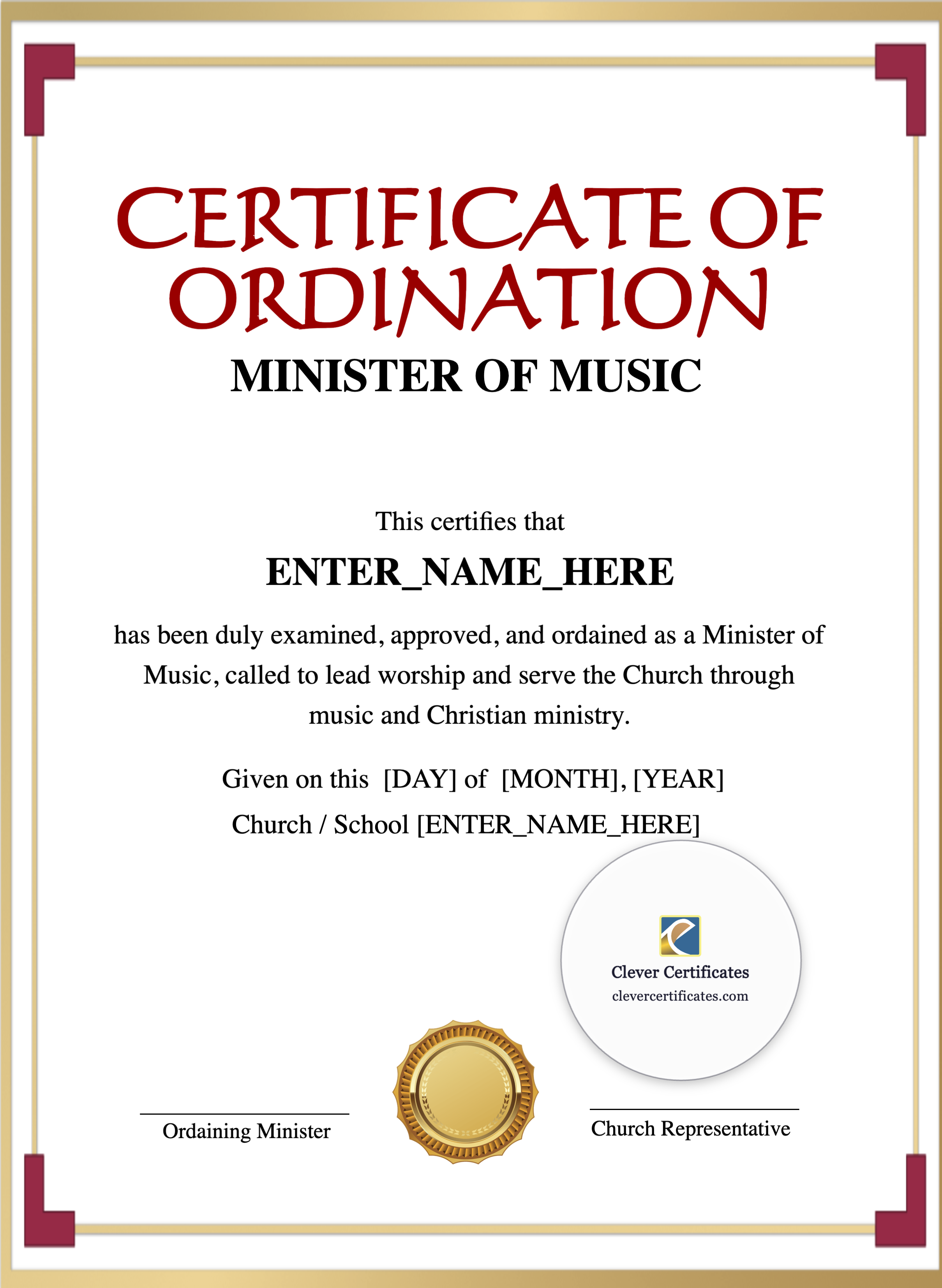 Minister Of Music Ordination Certificate Portrait — Certificate Template Preview