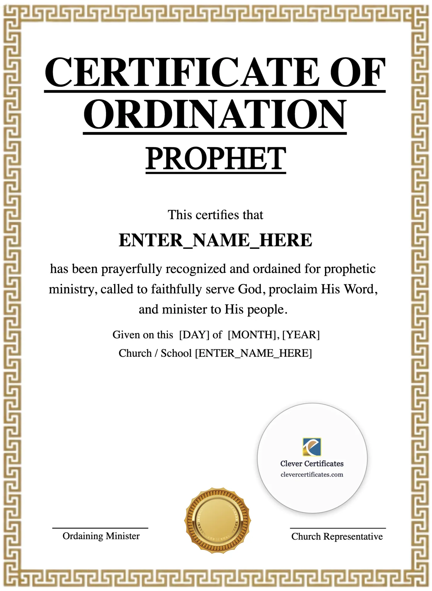 Prophet Ordination Certificate Portrait — Certificate Template Preview