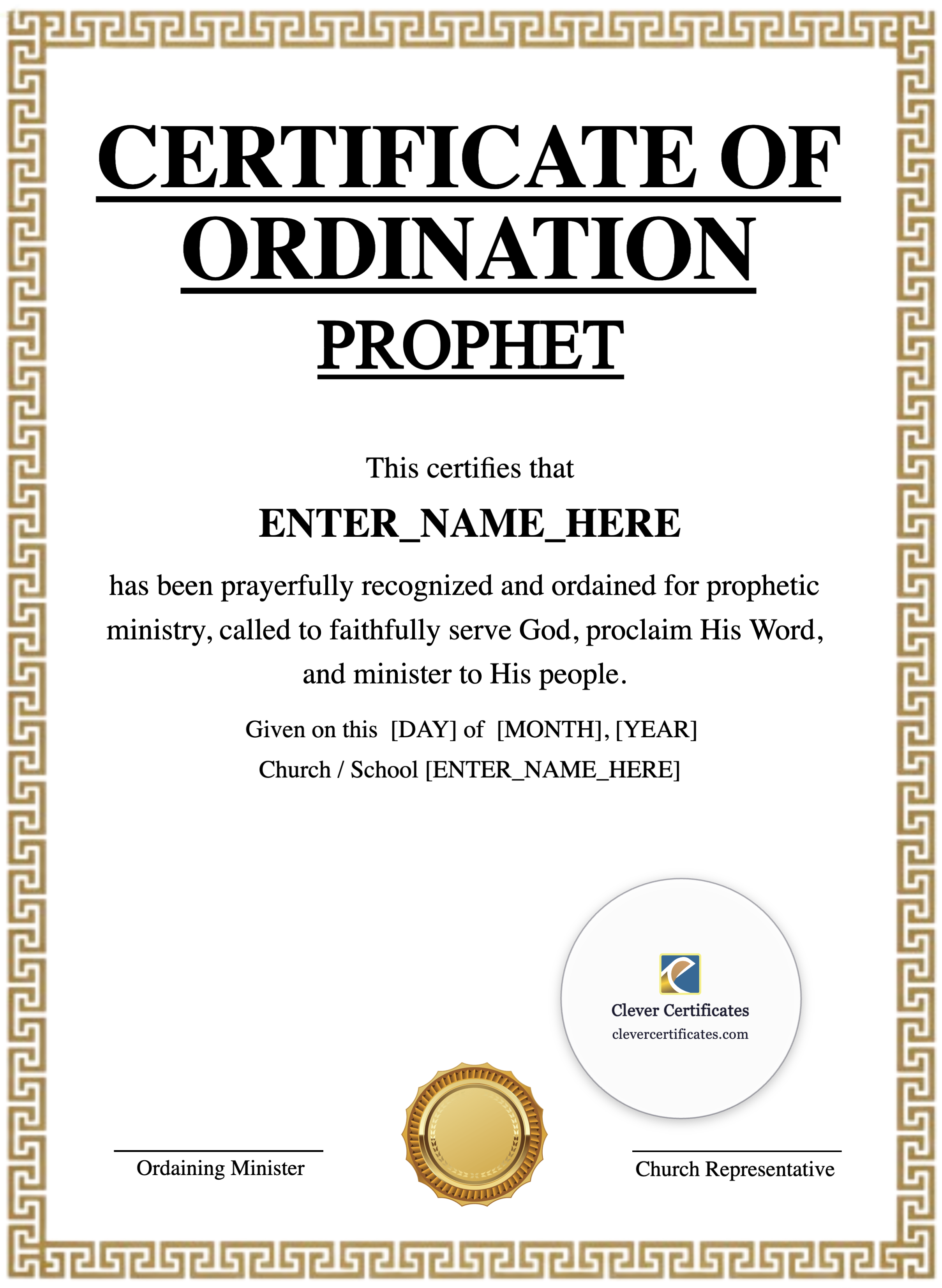 Prophet Ordination Certificate Portrait — Certificate Template Preview