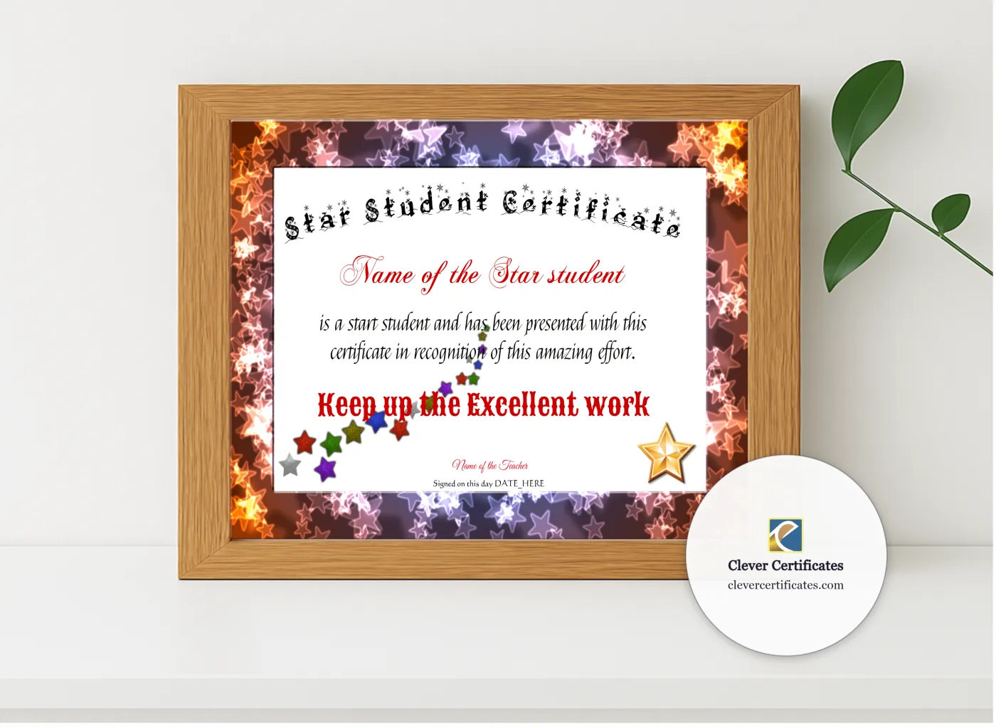 Realistic mockup featuring Star Student Certificate displayed within a modern frame, set against a minimalistic background.