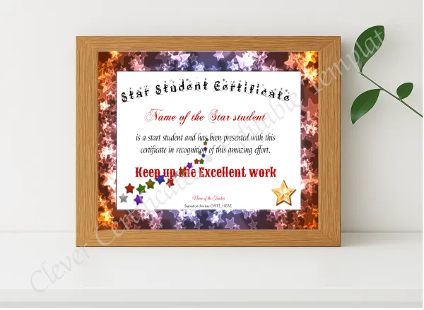 Realistic mockup featuring Star Student Certificate displayed within a modern frame, set against a minimalistic background.