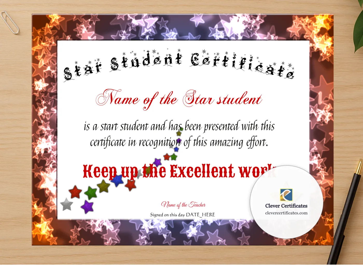 Professional preview of Star Student Certificate certificate on high-quality stationery paper, ideal for showcasing the final look.