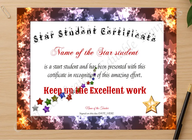 Professional preview of Star Student Certificate certificate on high-quality stationery paper, ideal for showcasing the final look.