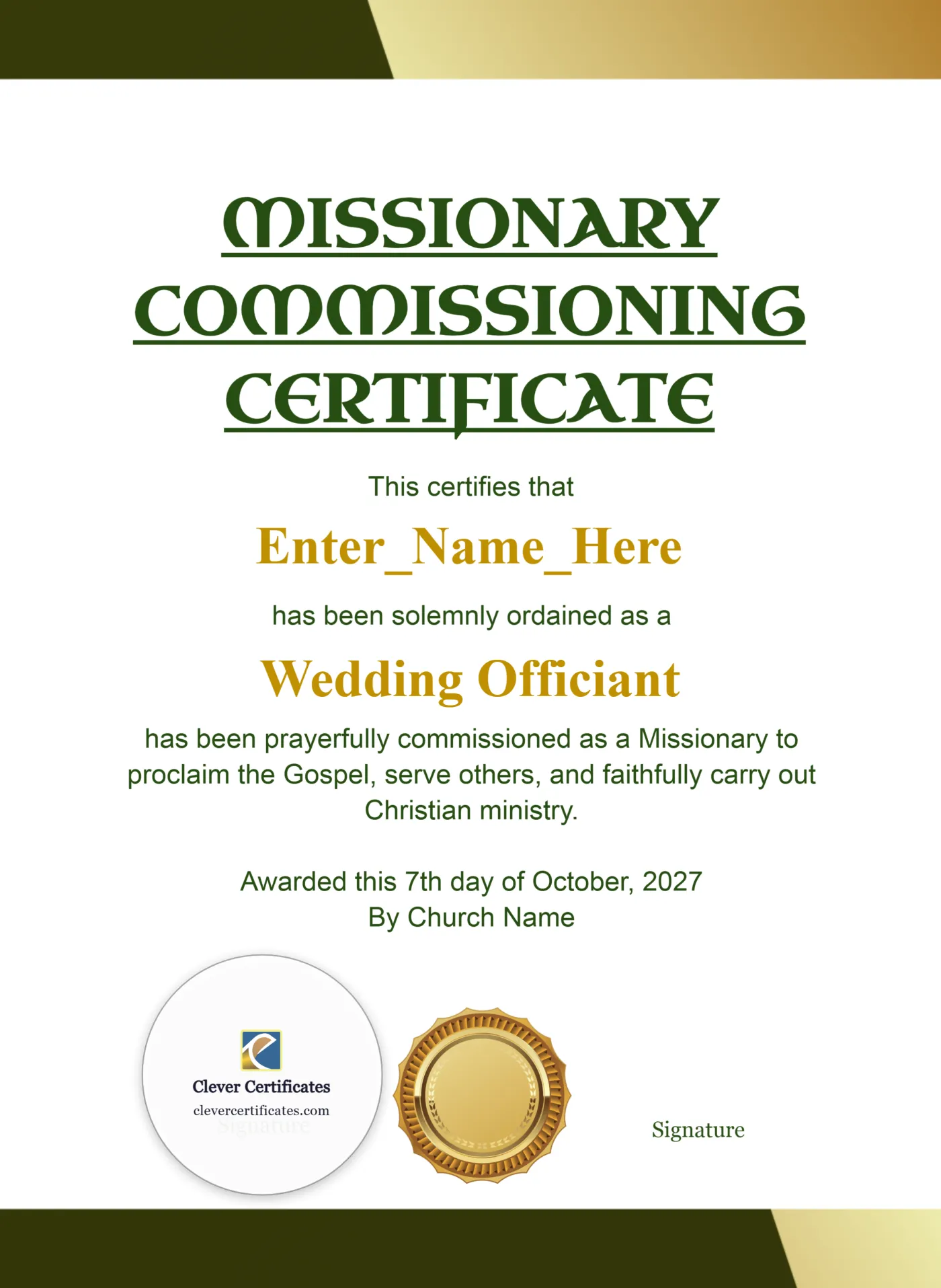 Missionary Commissioning Certificate Portrait — Certificate Template Preview