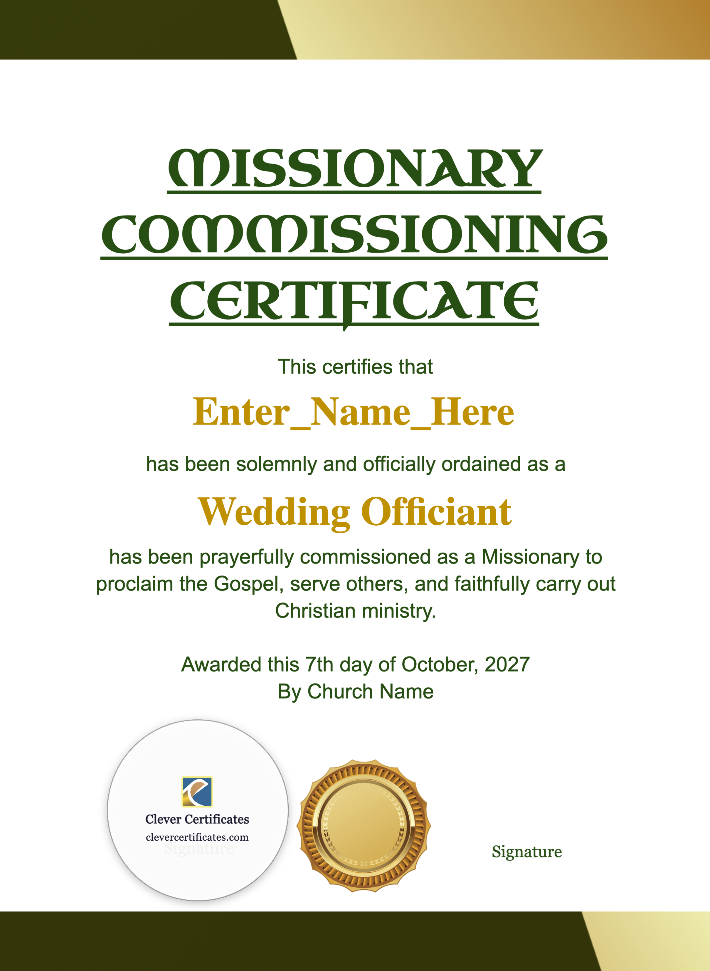 Missionary Commissioning Certificate Portrait — Certificate Template Preview