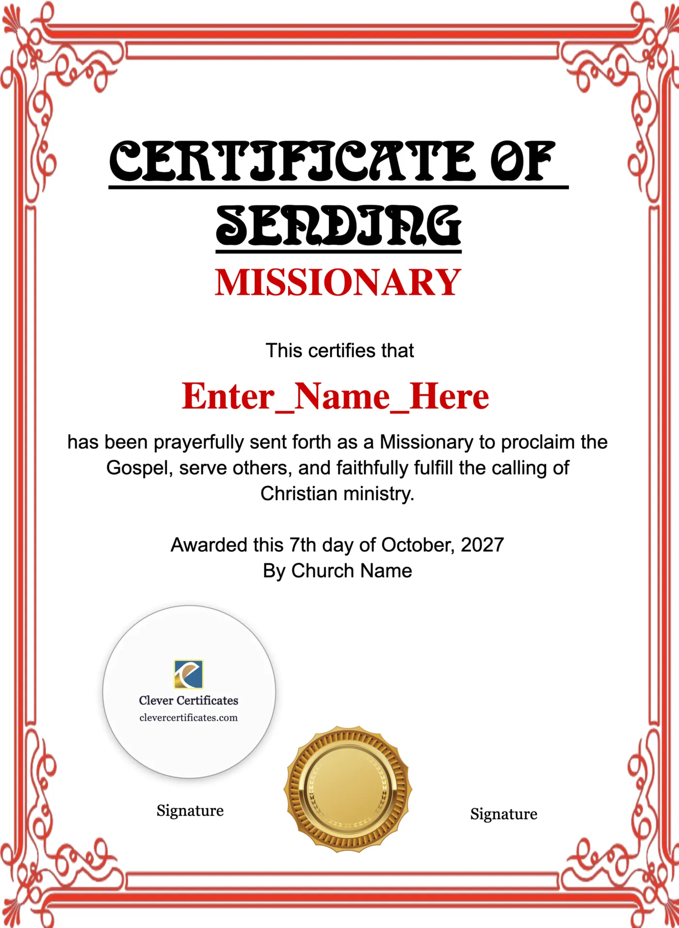 Certificate Of Sending For Missionary Portrait — Certificate Template Preview
