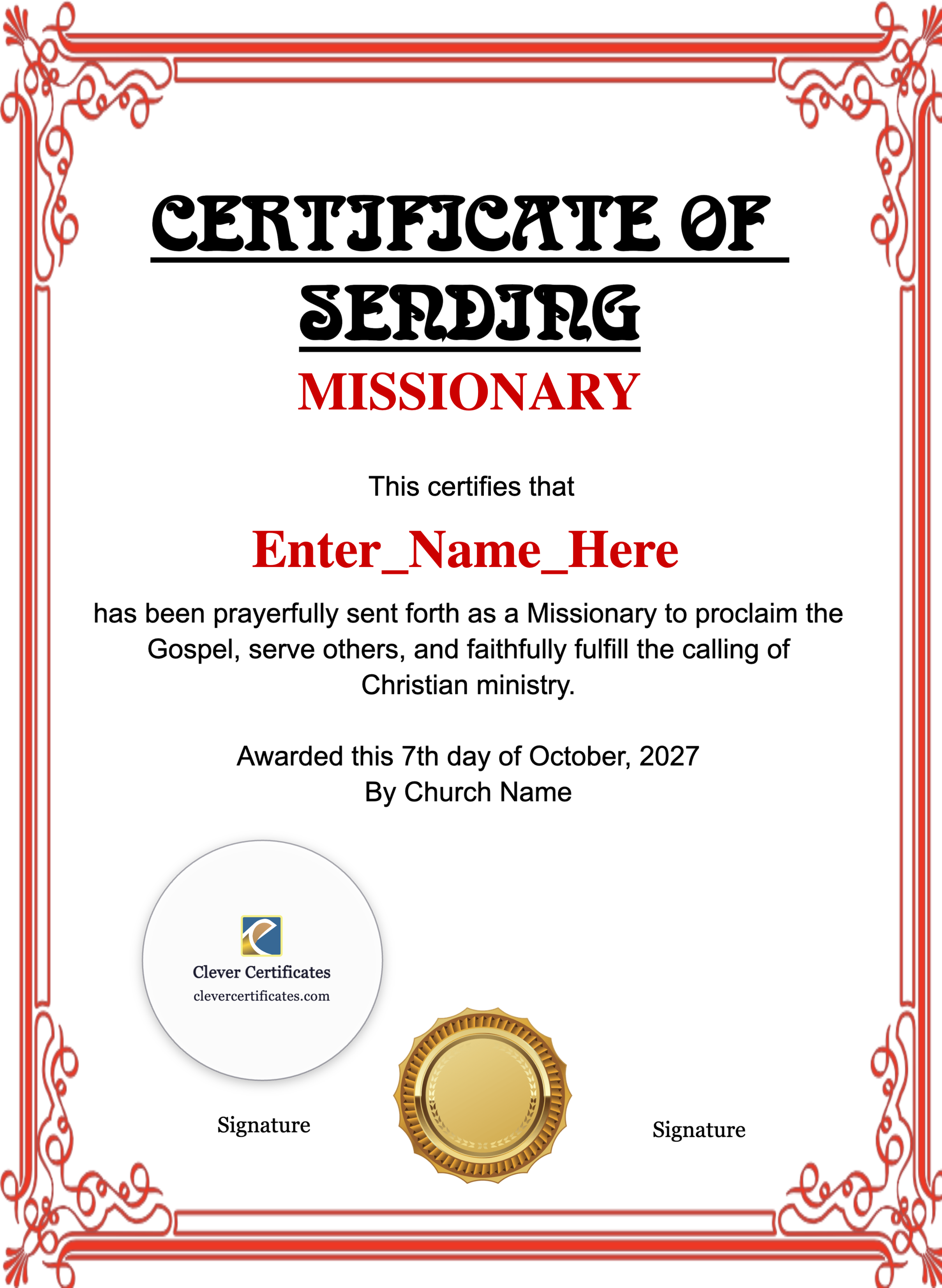 Certificate Of Sending For Missionary Portrait — Certificate Template Preview
