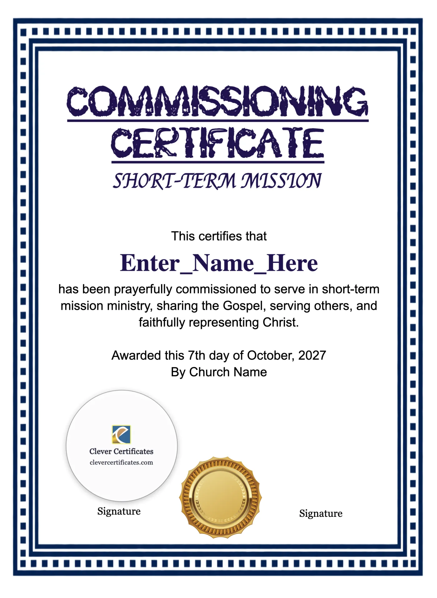 Short Term Mission Commissioning Certificate Portrait — Certificate Template Preview