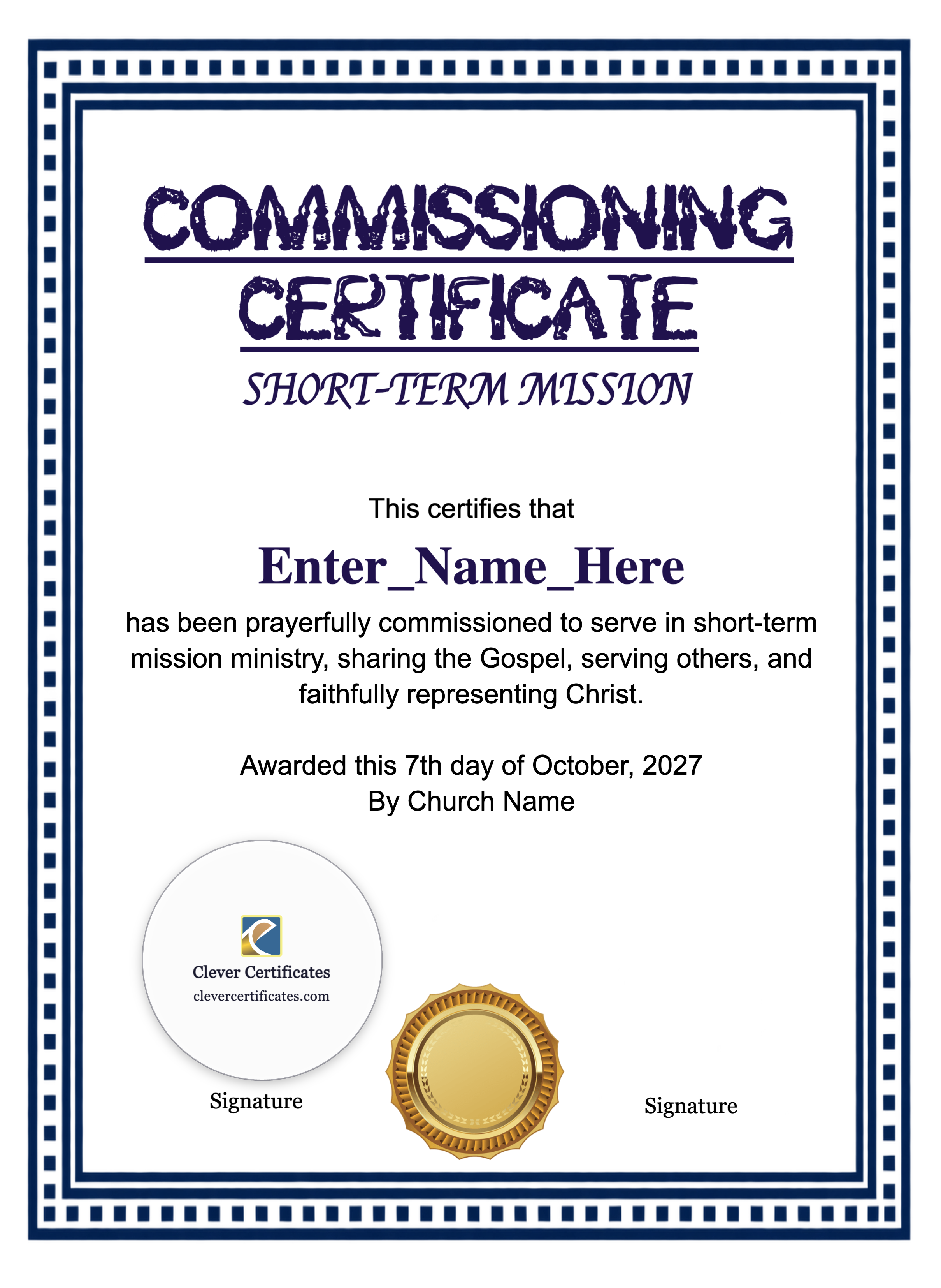 Short Term Mission Commissioning Certificate Portrait — Certificate Template Preview