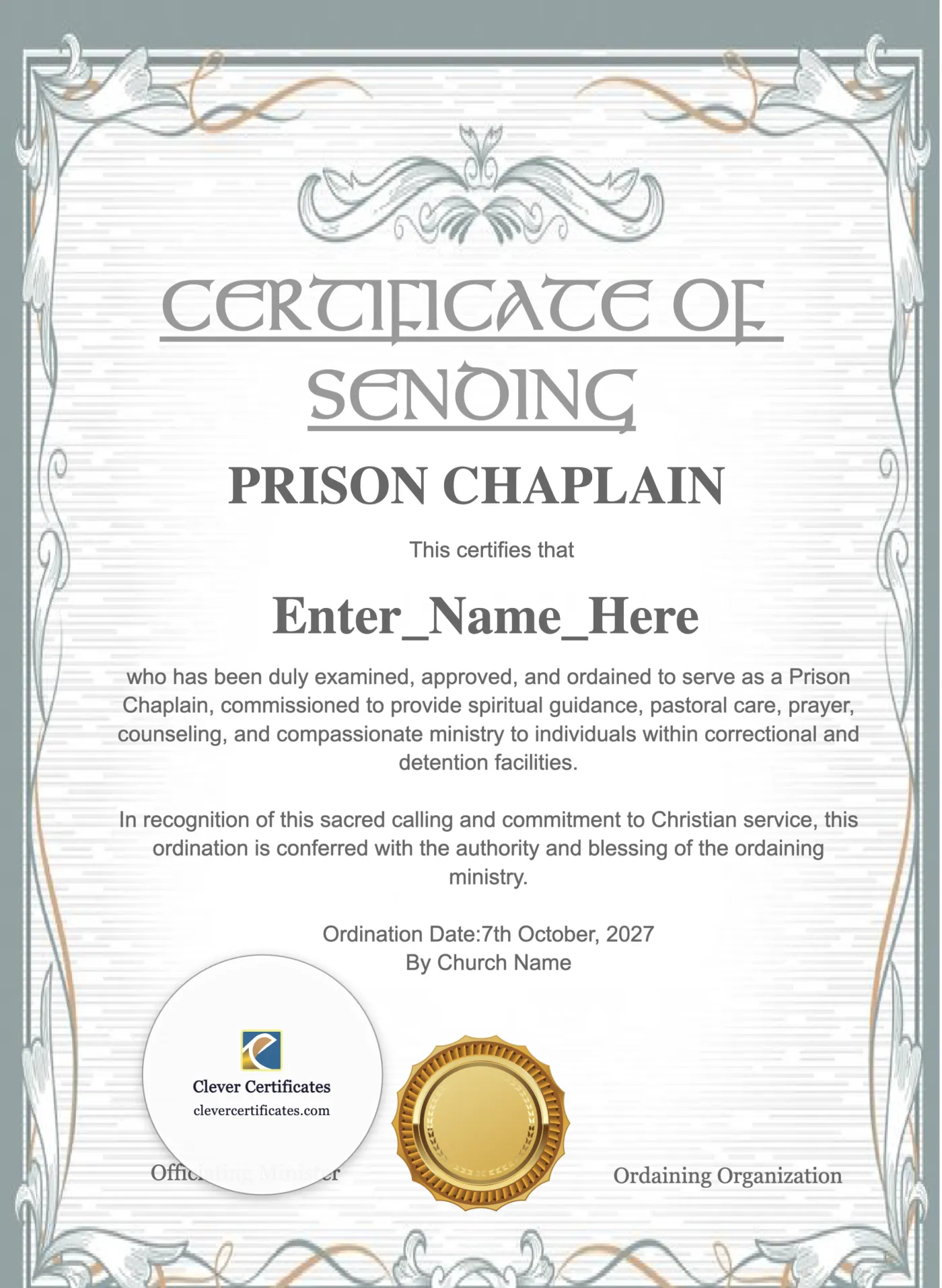 Prison Chaplain Ordination Certificate Portrait — Certificate Template Preview