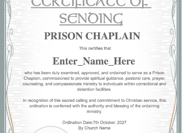 Prison Chaplain Ordination Certificate