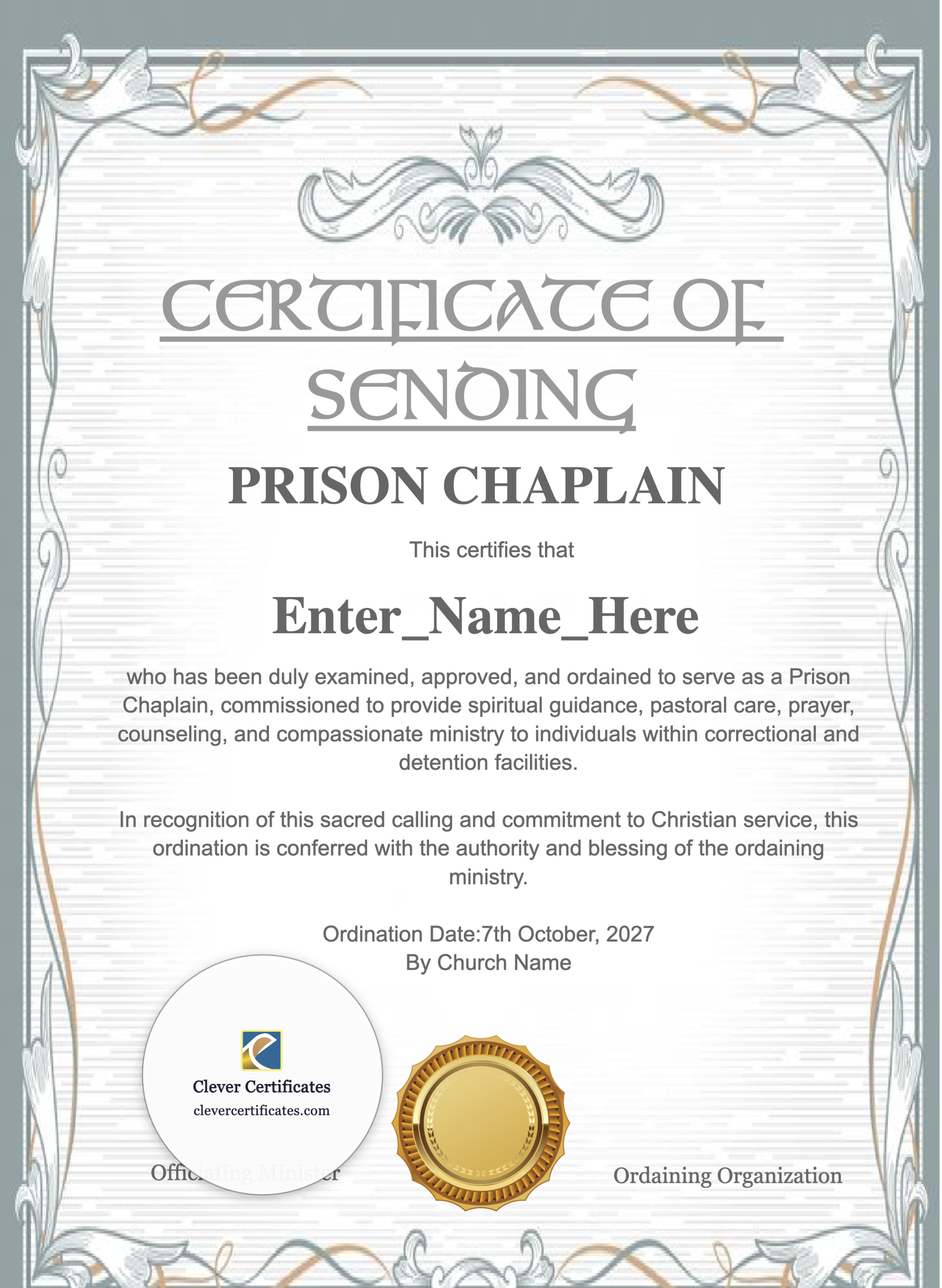 Prison Chaplain Ordination Certificate Portrait — Certificate Template Preview