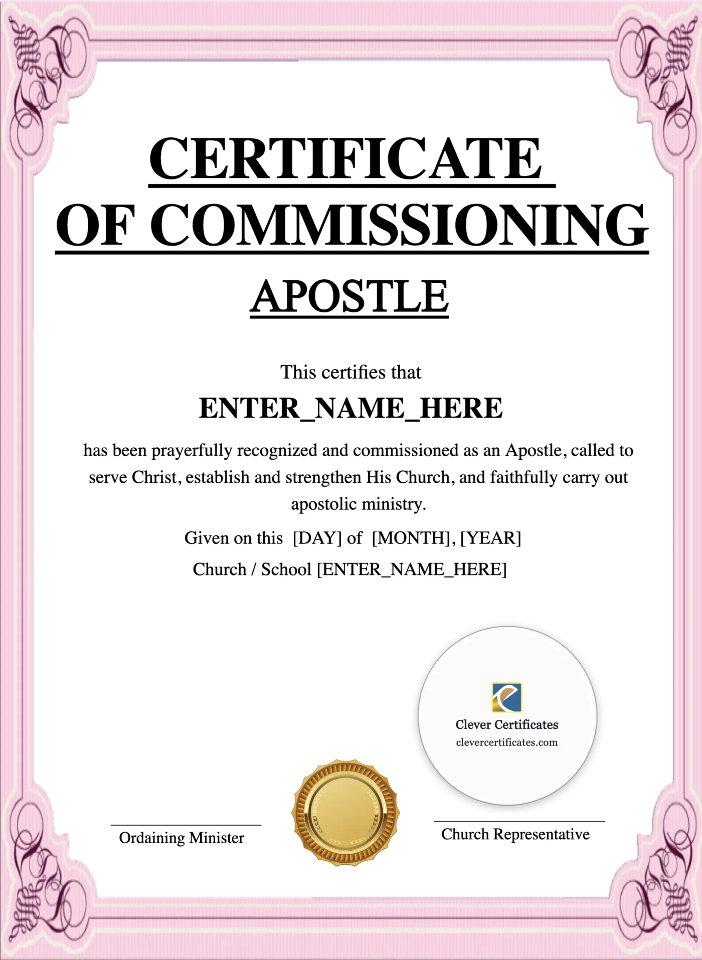 Certificate Of Commissioning For Apostle Portrait — Certificate Template Preview