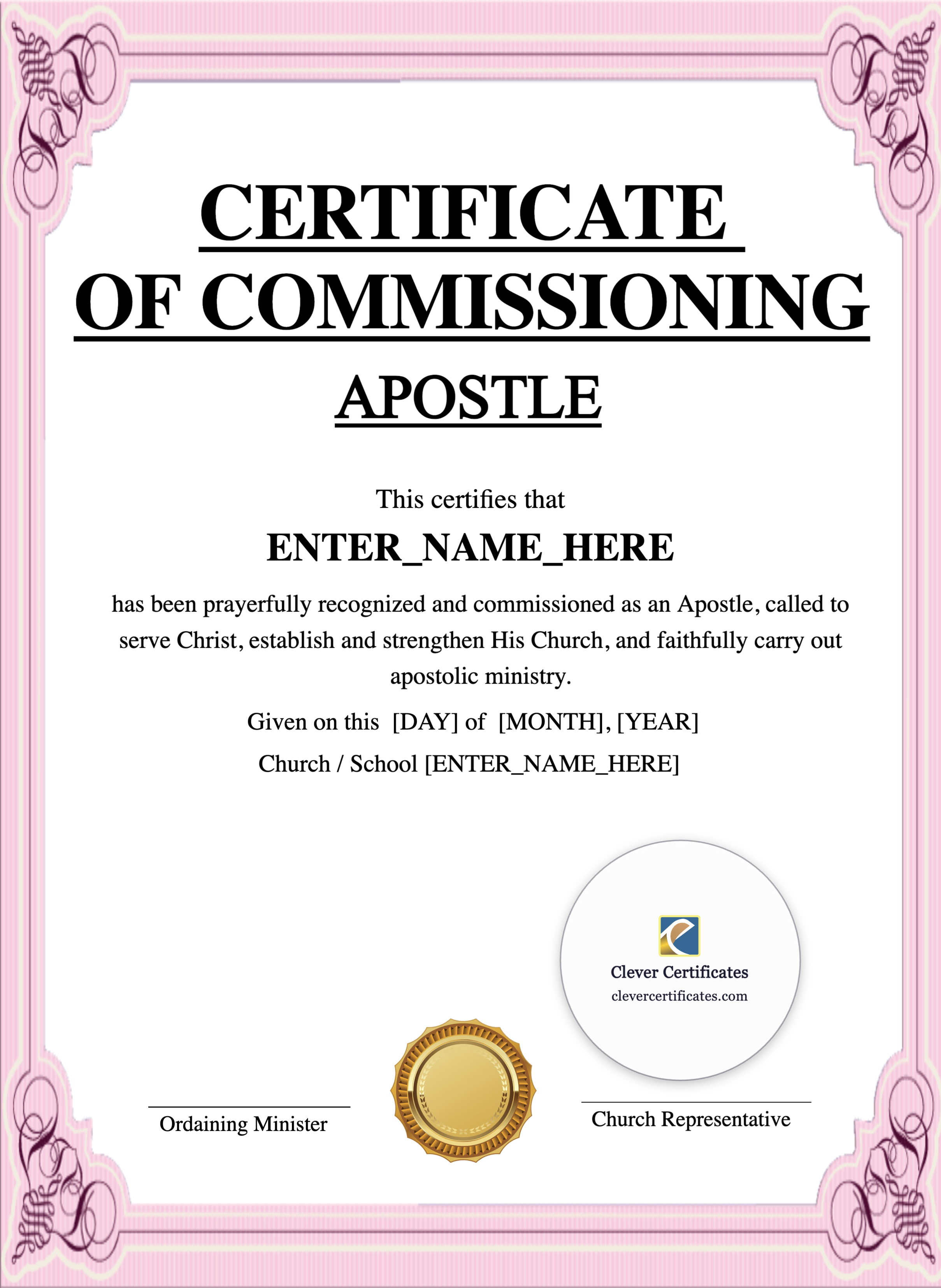 Certificate Of Commissioning For Apostle Portrait — Certificate Template Preview