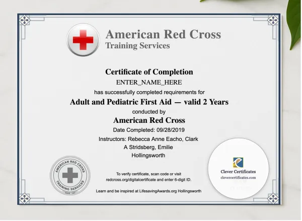 First Aid Certificate Landscape presented in a sleek wooden frame, elegantly arranged on a stylish table.