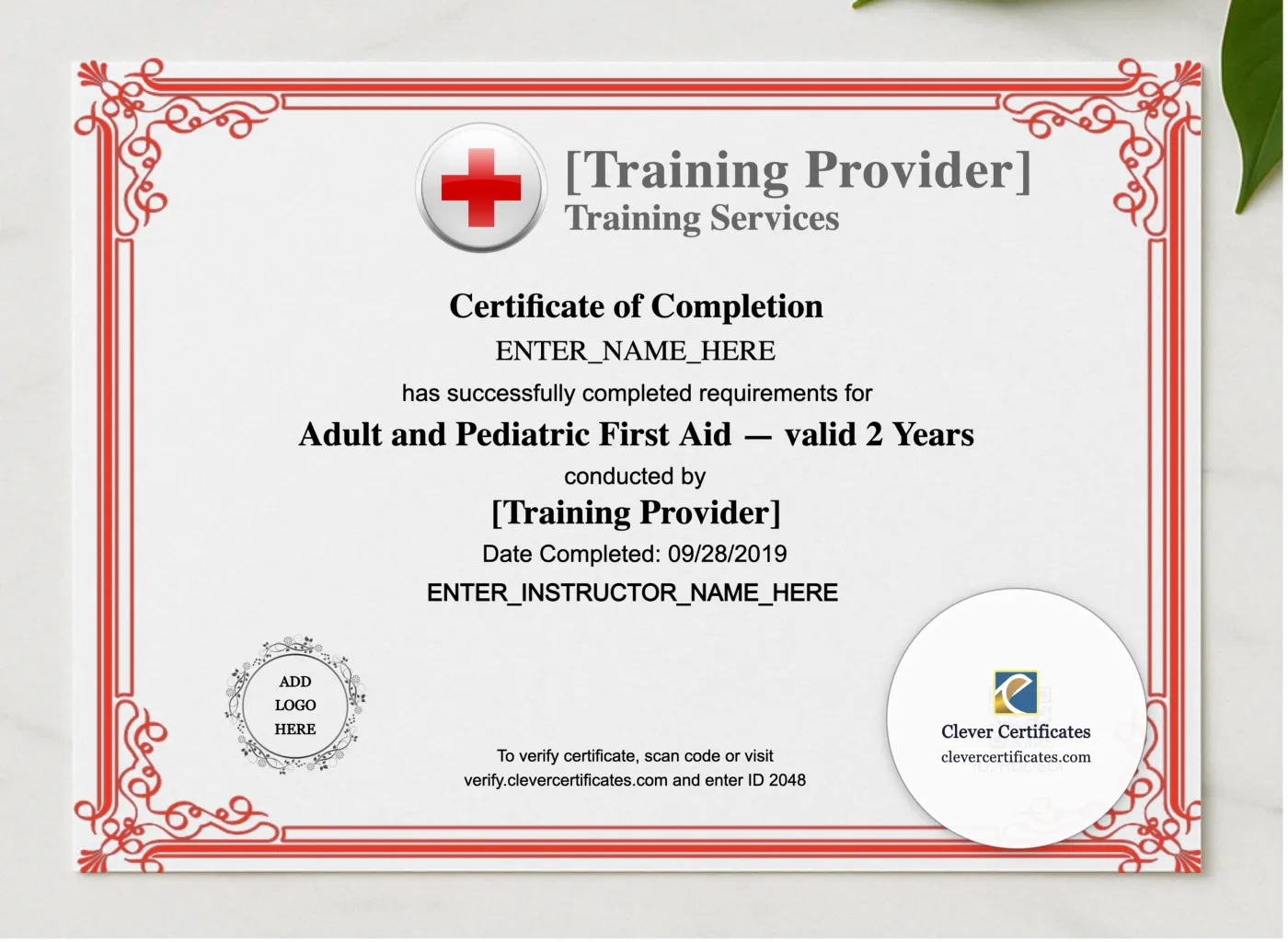 CPR Certificate Landscape presented in a sleek wooden frame, elegantly arranged on a stylish table.