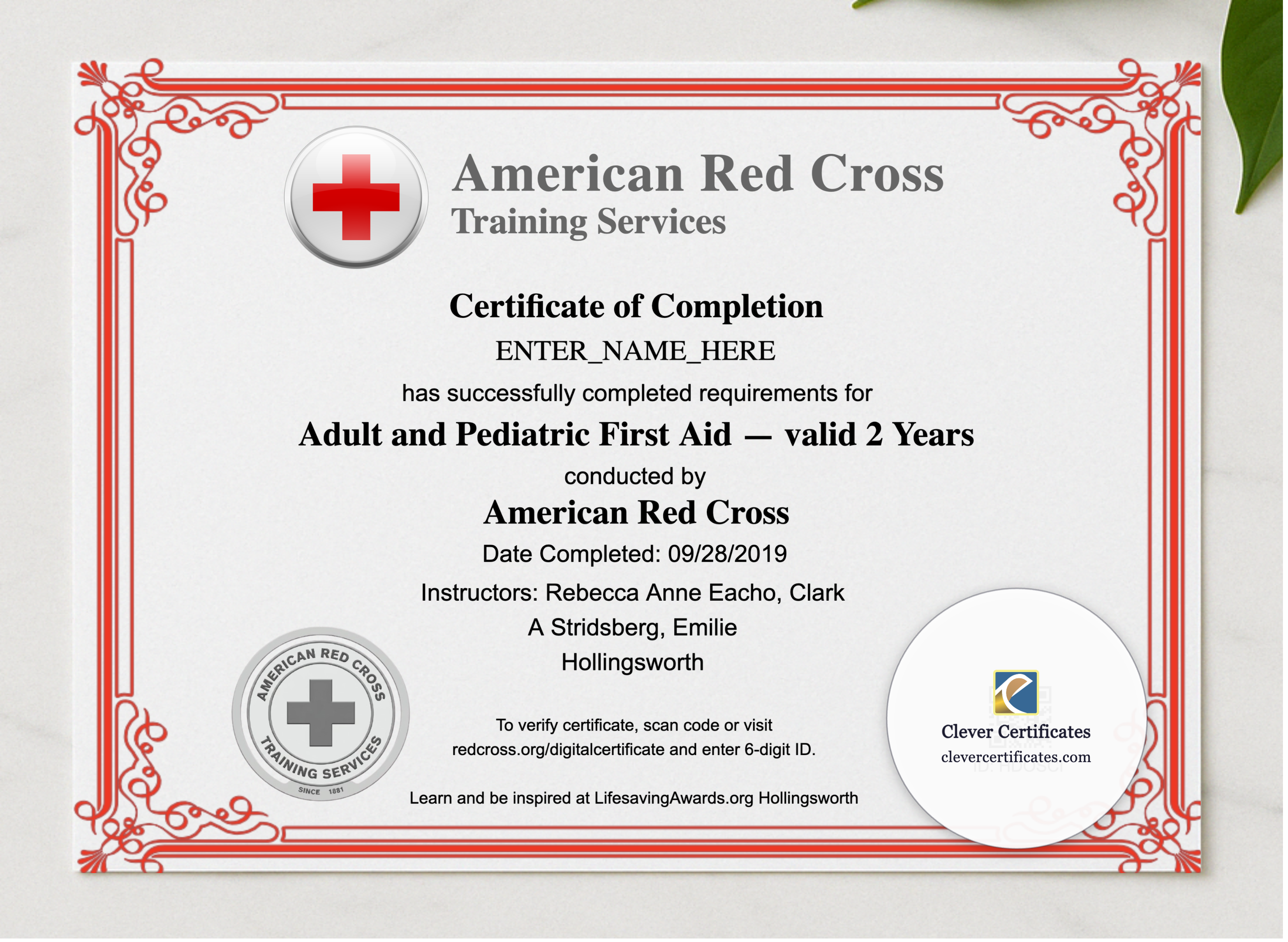 CPR Certificate Landscape presented in a sleek wooden frame, elegantly arranged on a stylish table.