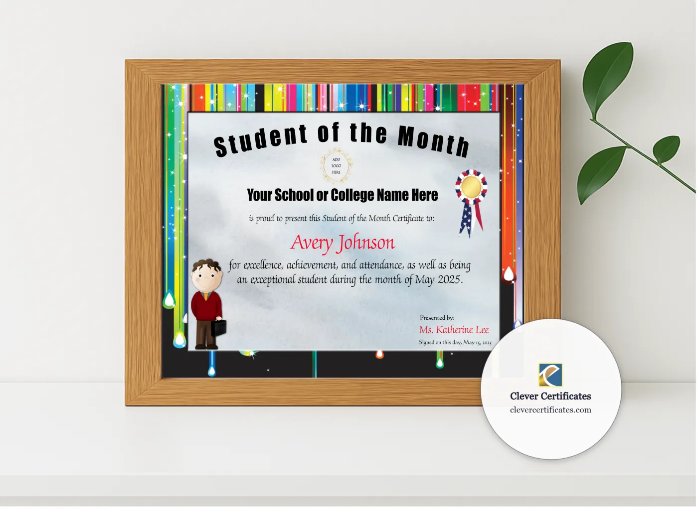 Realistic mockup featuring Student Of The Month Award displayed within a modern frame, set against a minimalistic background.