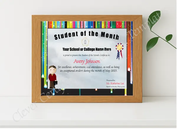 Realistic mockup featuring Student Of The Month Award displayed within a modern frame, set against a minimalistic background.