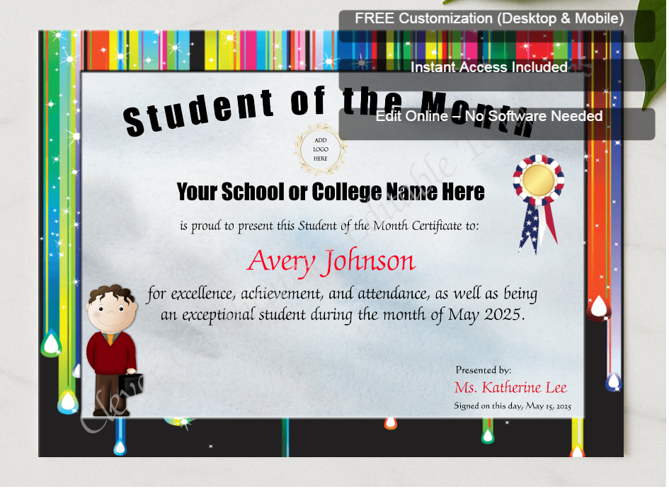 Framed preview featuring Free Editor badge stack for Student Of The Month Award