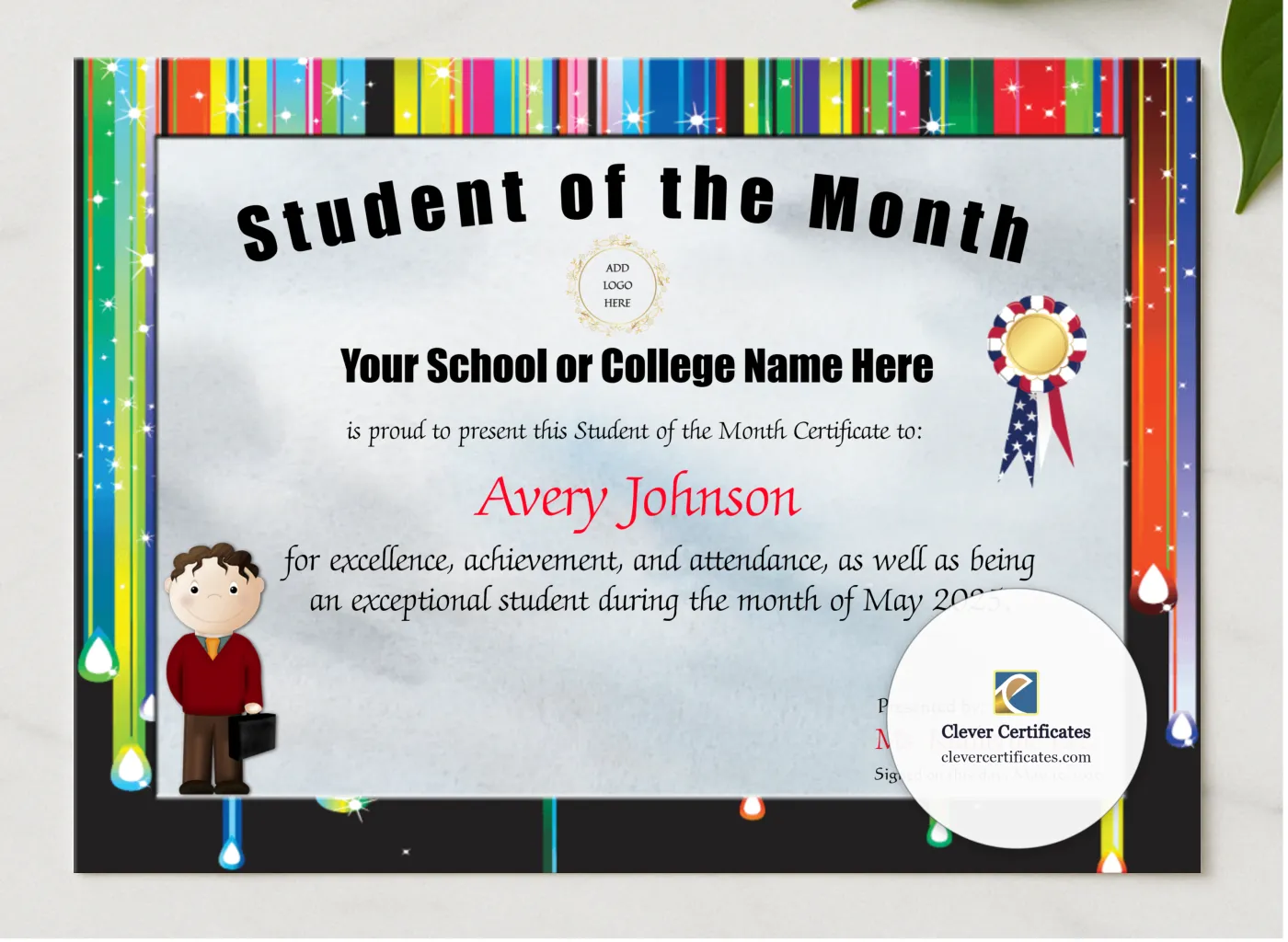 Student Of The Month Award presented in a sleek wooden frame, elegantly arranged on a stylish table.