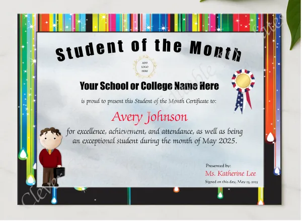 Student Of The Month Award presented in a sleek wooden frame, elegantly arranged on a stylish table.