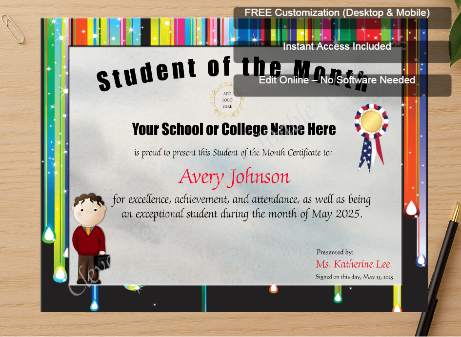 Zoomed preview with Free Editor badge stack for Student Of The Month Award