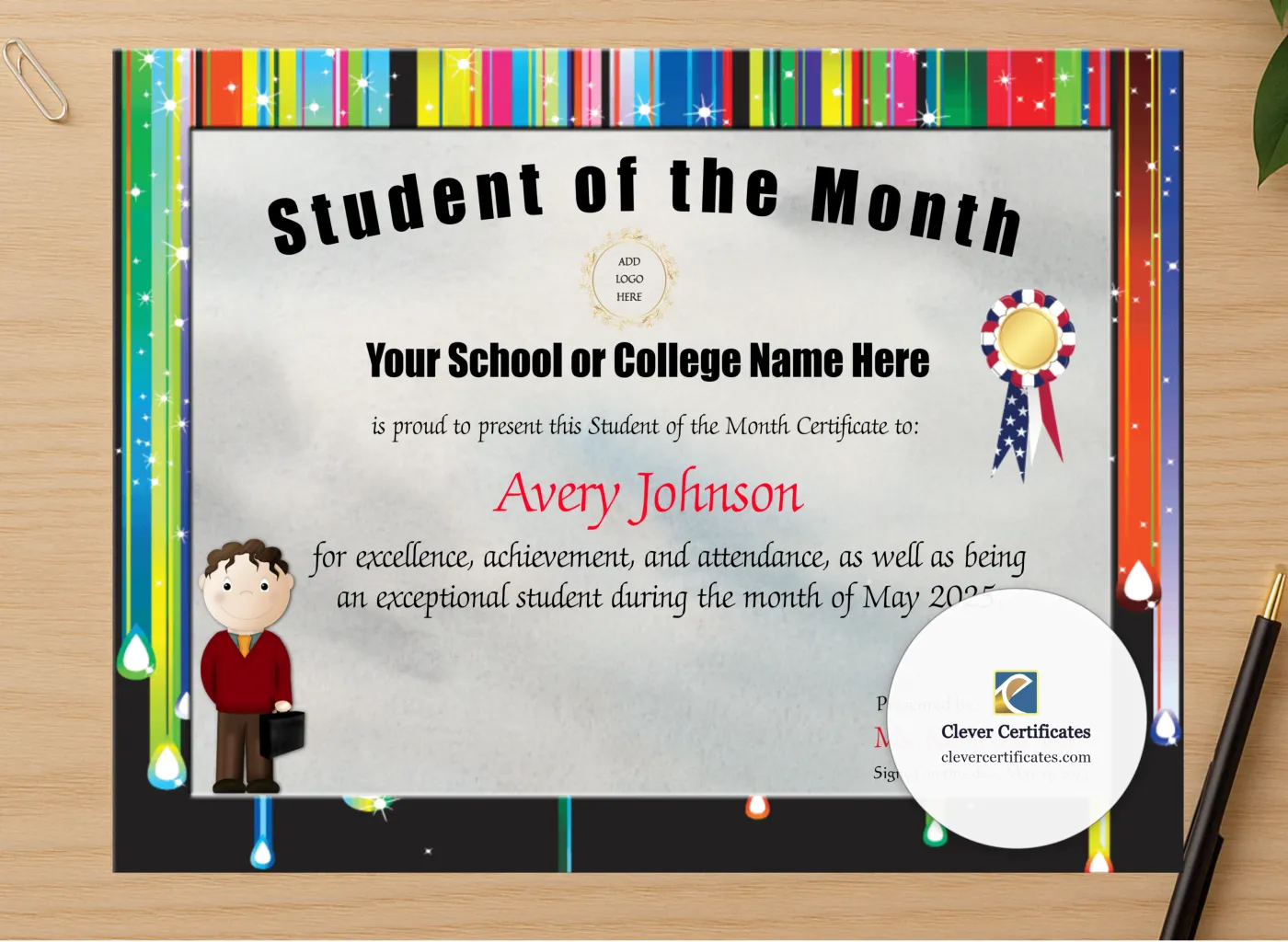 Professional preview of Student Of The Month Award certificate on high-quality stationery paper, ideal for showcasing the final look.