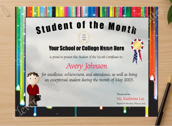 Professional preview of Student Of The Month Award certificate on high-quality stationery paper, ideal for showcasing the final look.