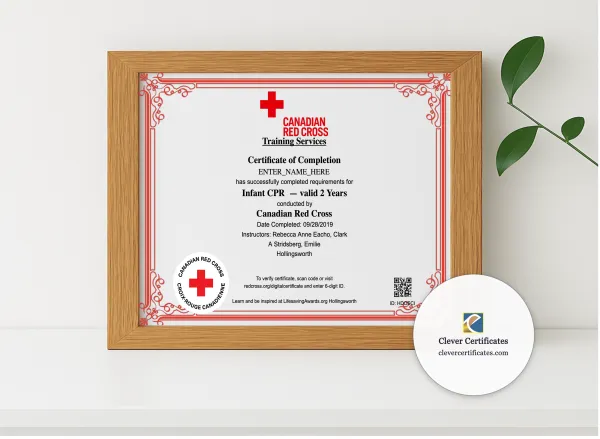 Realistic mockup featuring Infant CPR Certificate Landscape displayed within a modern frame, set against a minimalistic background.
