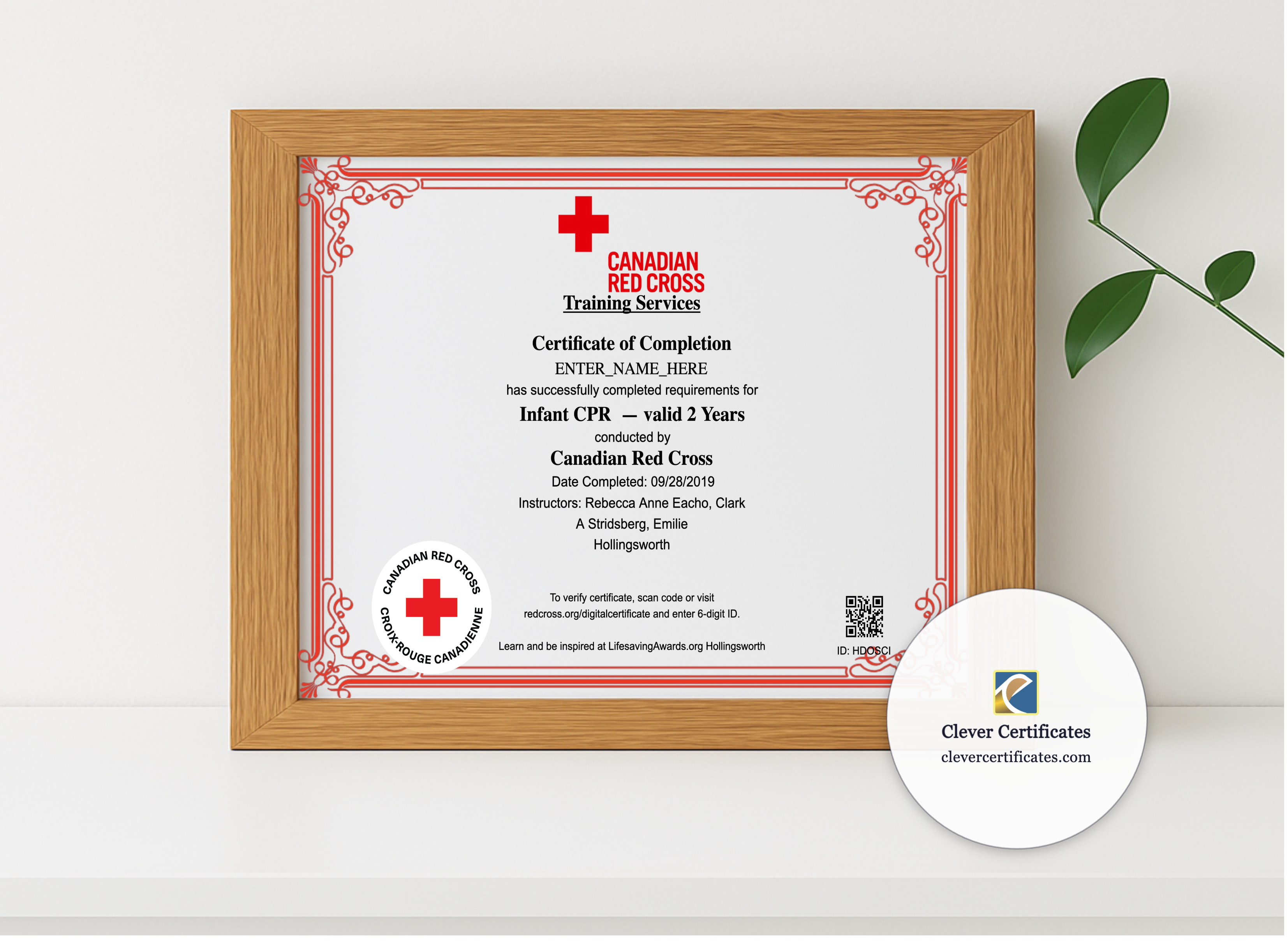 Realistic mockup featuring Infant CPR Certificate Landscape displayed within a modern frame, set against a minimalistic background.