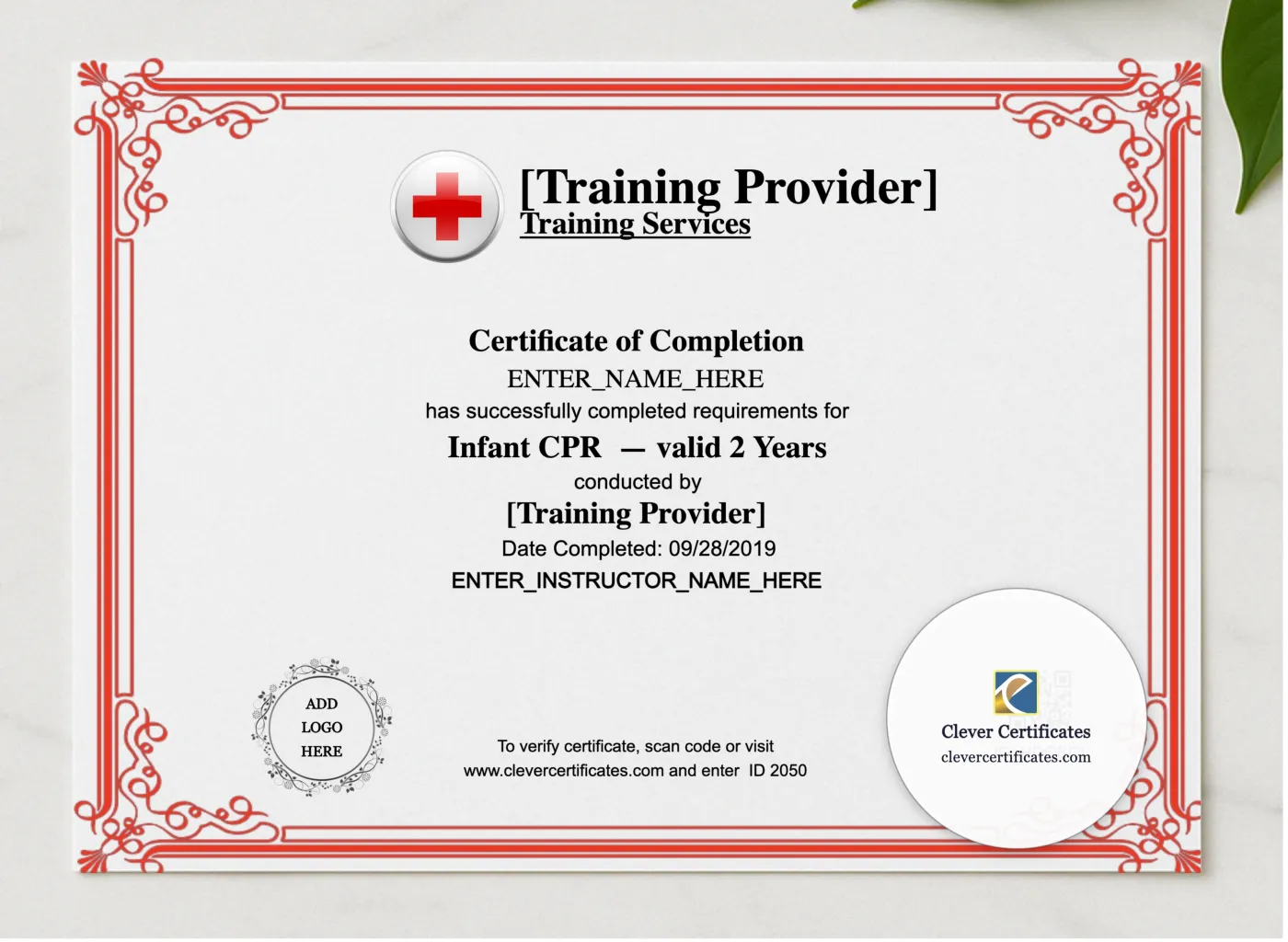 Infant CPR Certificate Landscape presented in a sleek wooden frame, elegantly arranged on a stylish table.